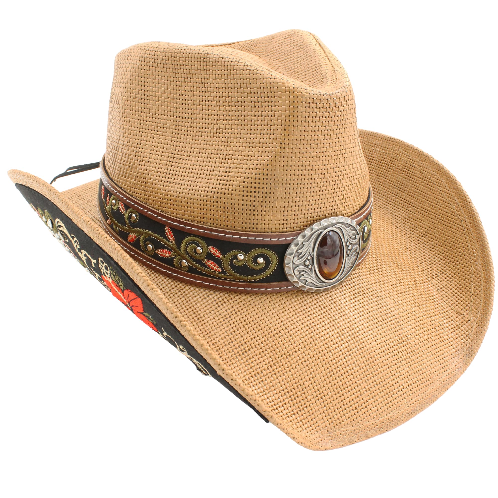 Carnavalife Sombrero de Cowboy/Cowgirl de Paja Fuerte Panamá, Sombrero Texas, Sombrero Vaquero Bordado Floral Unisex Talla única Hombre Mujer Coachella
