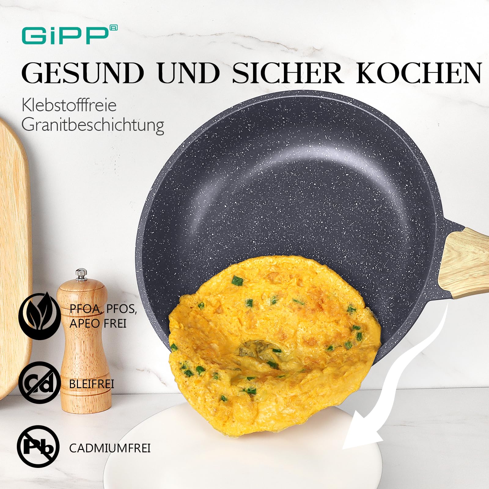 GiPP Pfannen- und Topfset mit Keramischer Antihaftbeschichtung – 21-Teiliges Induktions-Pfannenset mit Pfannenwender + Löffel, Ungiftig, für Verschiedene Herdarten Geeignet,Grau