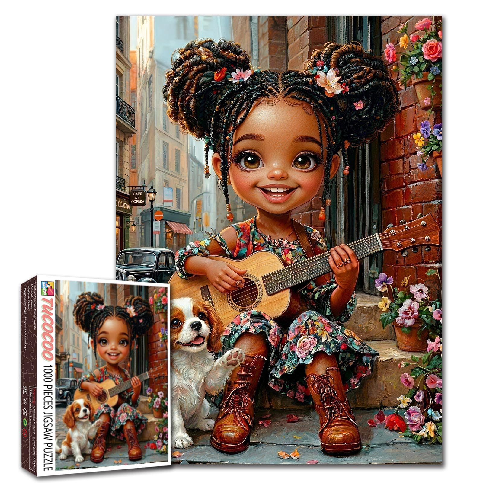 Black Girl Street Music Jigsaw Puzzles for Adults 1000 Pieces American Afro Girl Guitar DIY Puzzles for Family Activity Games African American Girls Art Wall Decor Puzzle Gifts 19.7 x 27.6 Inch