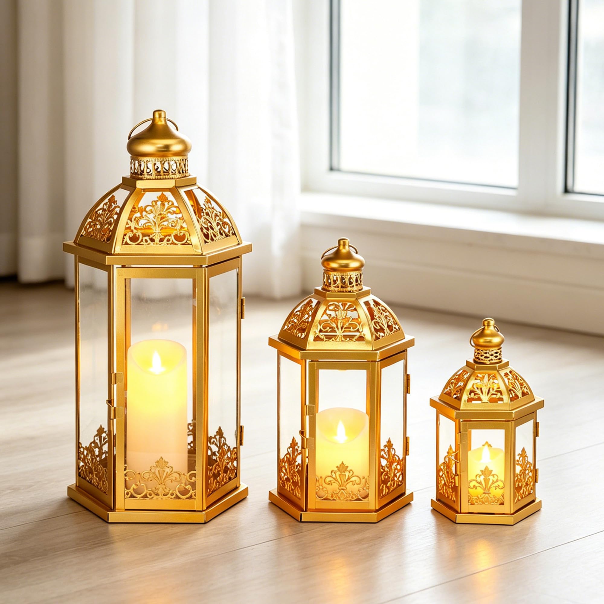 TRIROCKS Duży zestaw 3 dekoracyjnych lampionów, 40 cm, 33,5 cm, wys. 24 cm, wisząca latarnia vintage, metalowy świecznik ze szkłem hartowanym, do wewnątrz, na zewnątrz, dekoracja domu, na imprezy, do