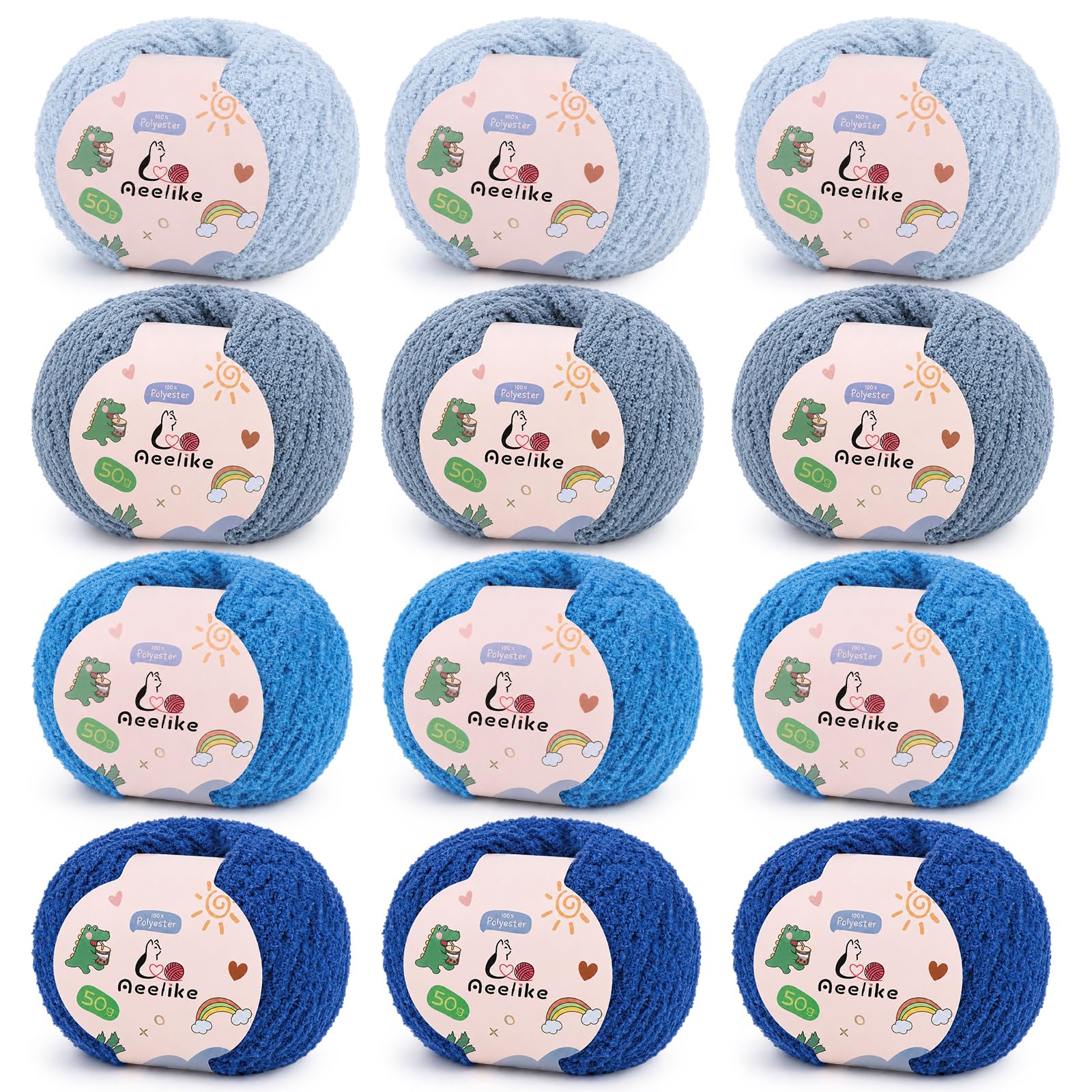 Aeelike Fluffy Yarn 12x50g, Blue Fluffy Wool for Knitting, Flutterby Chunky Yarn for Crochet, Soft Plush Yarn Thick Wool for Baby Blanket & Amigurumi (Blue)