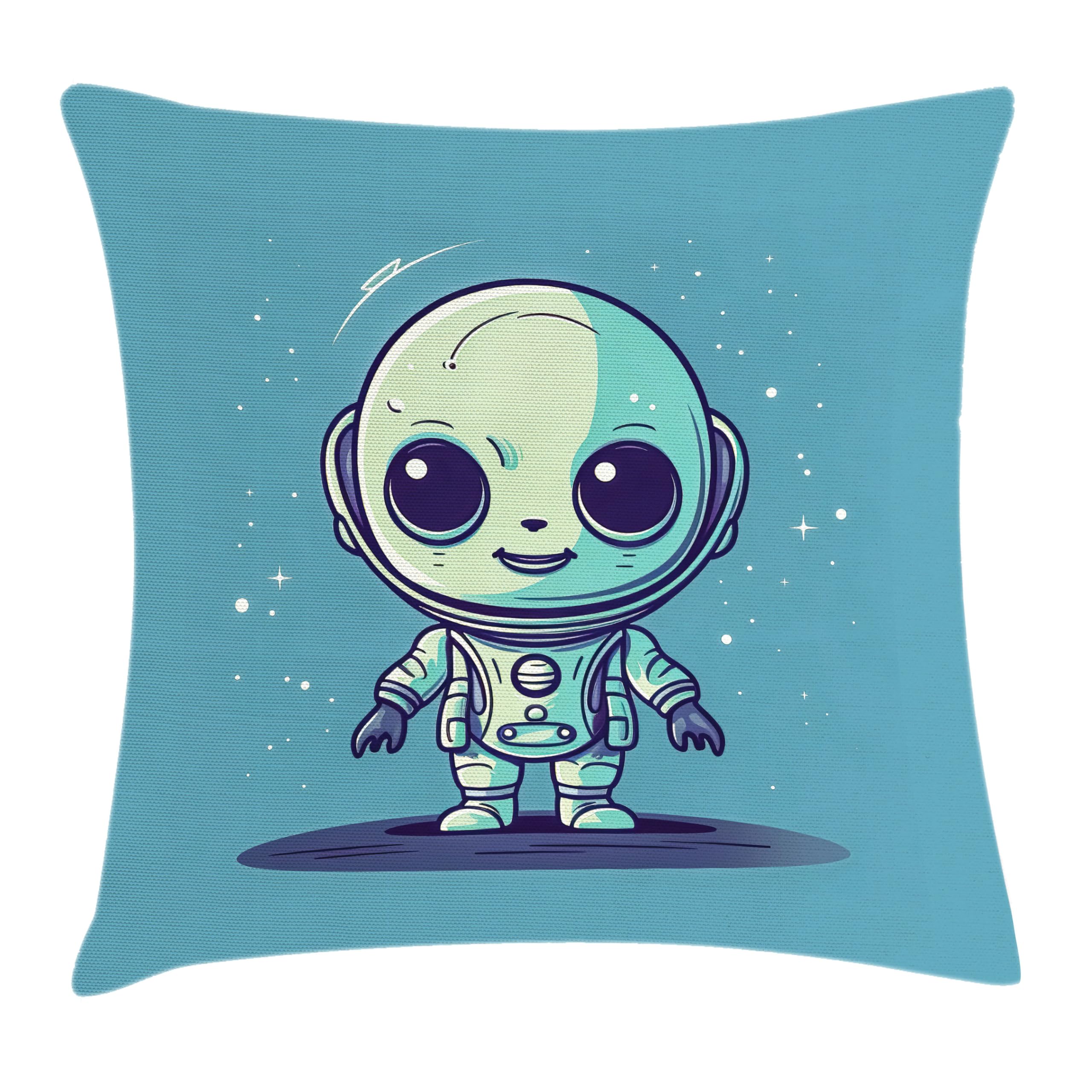 Ambesonne Alien Throw Pillow Cushion Cover, Cartoon Funny Tiny Extraterrestrial Character Fantasy Galactic Concept, Decorative Square Accent Pillow Case, 18