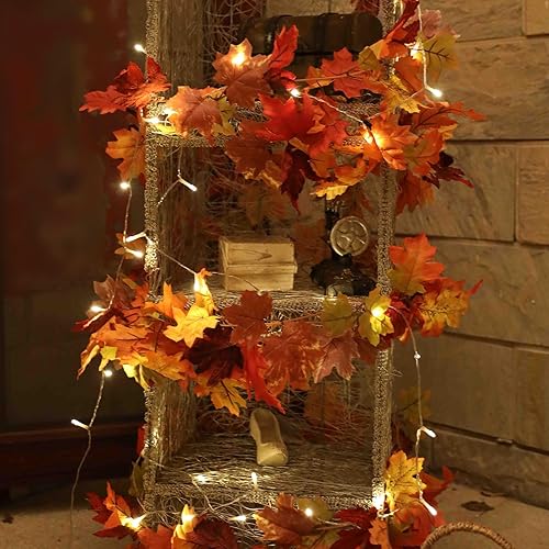 Miniatura 9 de KASZOO Paquete de 2 guirnaldas de arce de otoño con 40 luces LED, guirnalda artificial de follaje de otoño de 5.8 pies/pieza, decoración de otoño