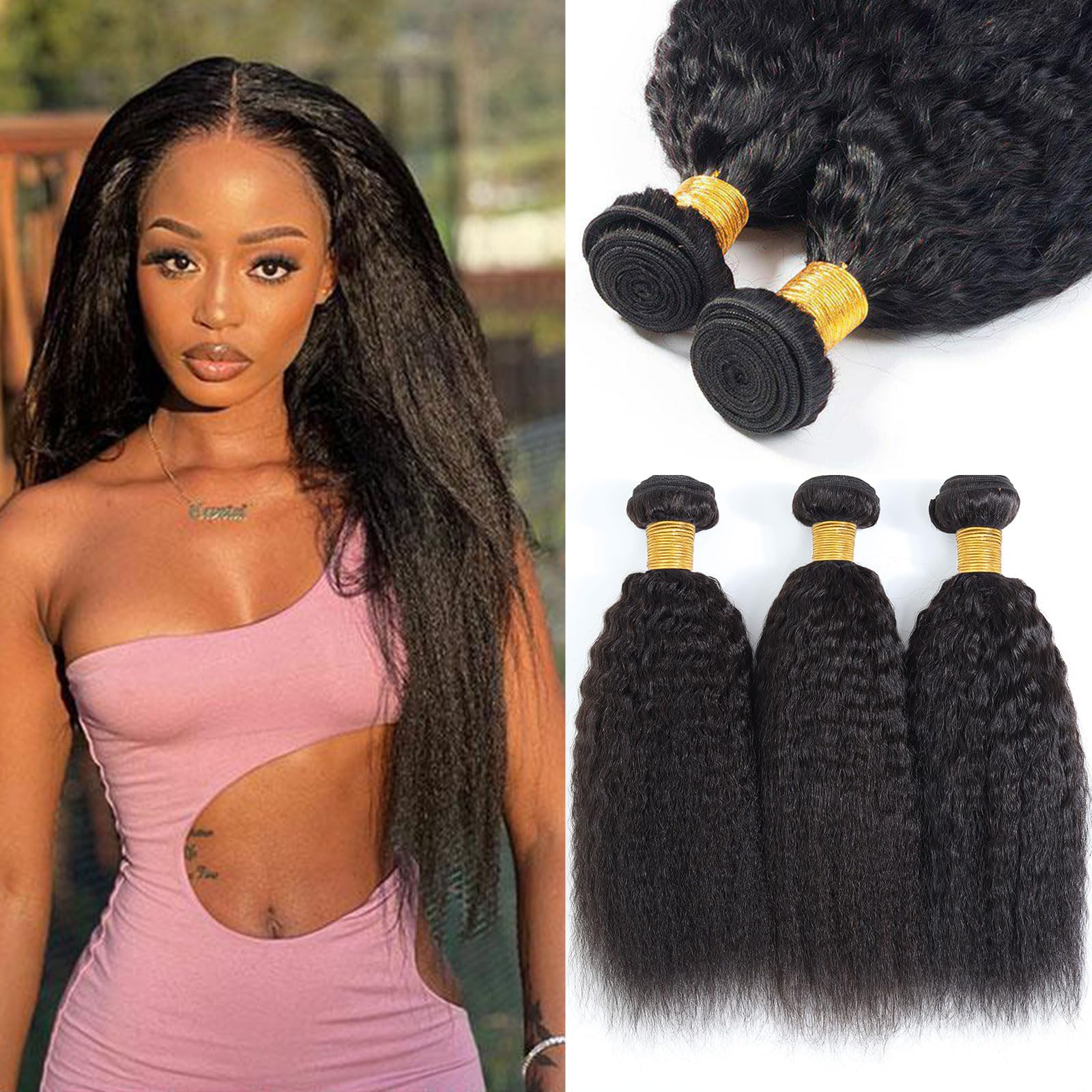 DSEKCAIN Kinky Straight Bundles 100% Human Hair Bundles Yaki Straight Bundles Human Hair 3 Bundles 12 14 16 Inch Raw Virgin Human Hair Weave Weft