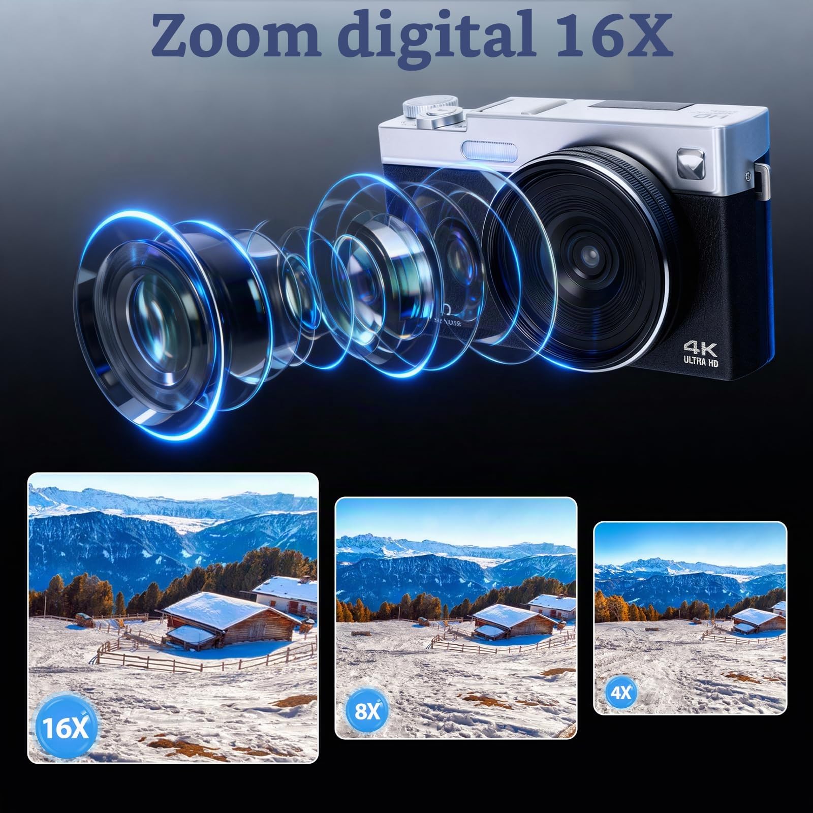 Cámara digital 4K 64MP Cámara de fotos de 3 pulgadas 16X enfoque automático zoom digital portátil cámara digital para Vlog 180° pantalla LCD plegable cámara de fotos 2 baterías 32 GB tarjeta para