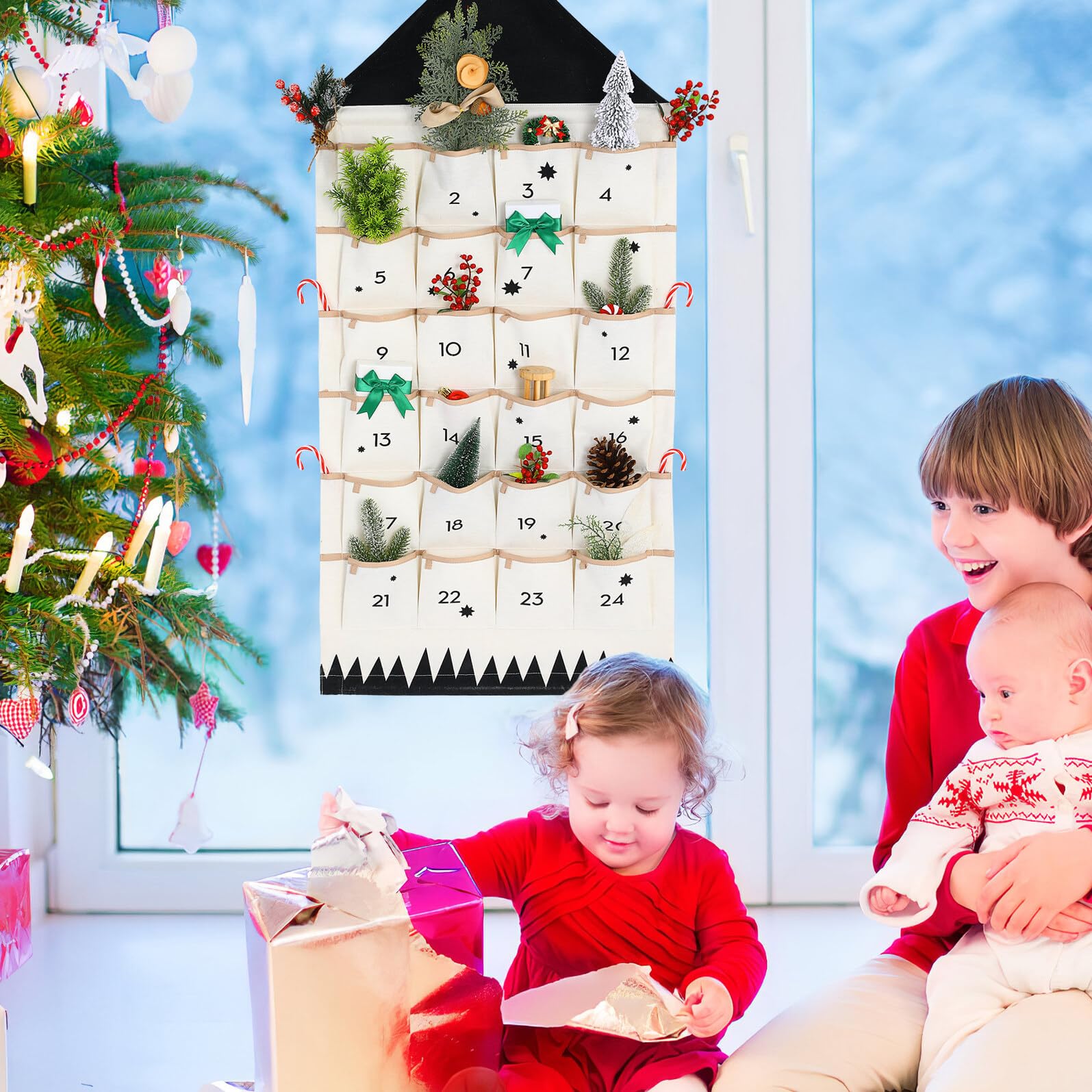Weihnachts Adventskalender Aufbewahrungstasche aus Stoff 24 Taschen Hängender Wandschmuck Organizer für Kinderzimmer und Weihnachtsdeko