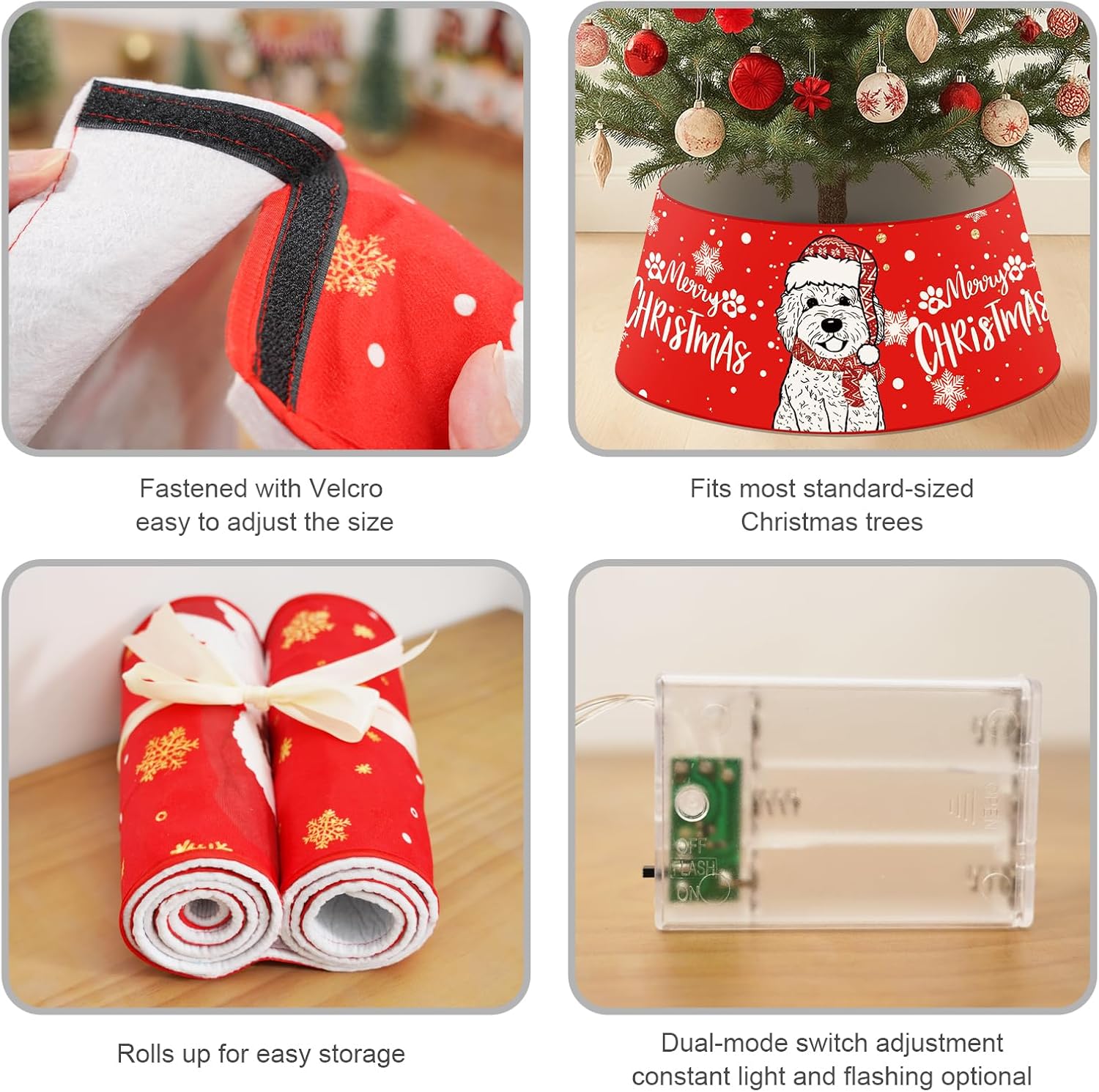 Dog Christmas Tree Collar Golden Doodle Christmas Decor Red Tree Skirt with LED Light Ring Base Cover for Christmas Trees Decoration Holiday Indoor Outdoor