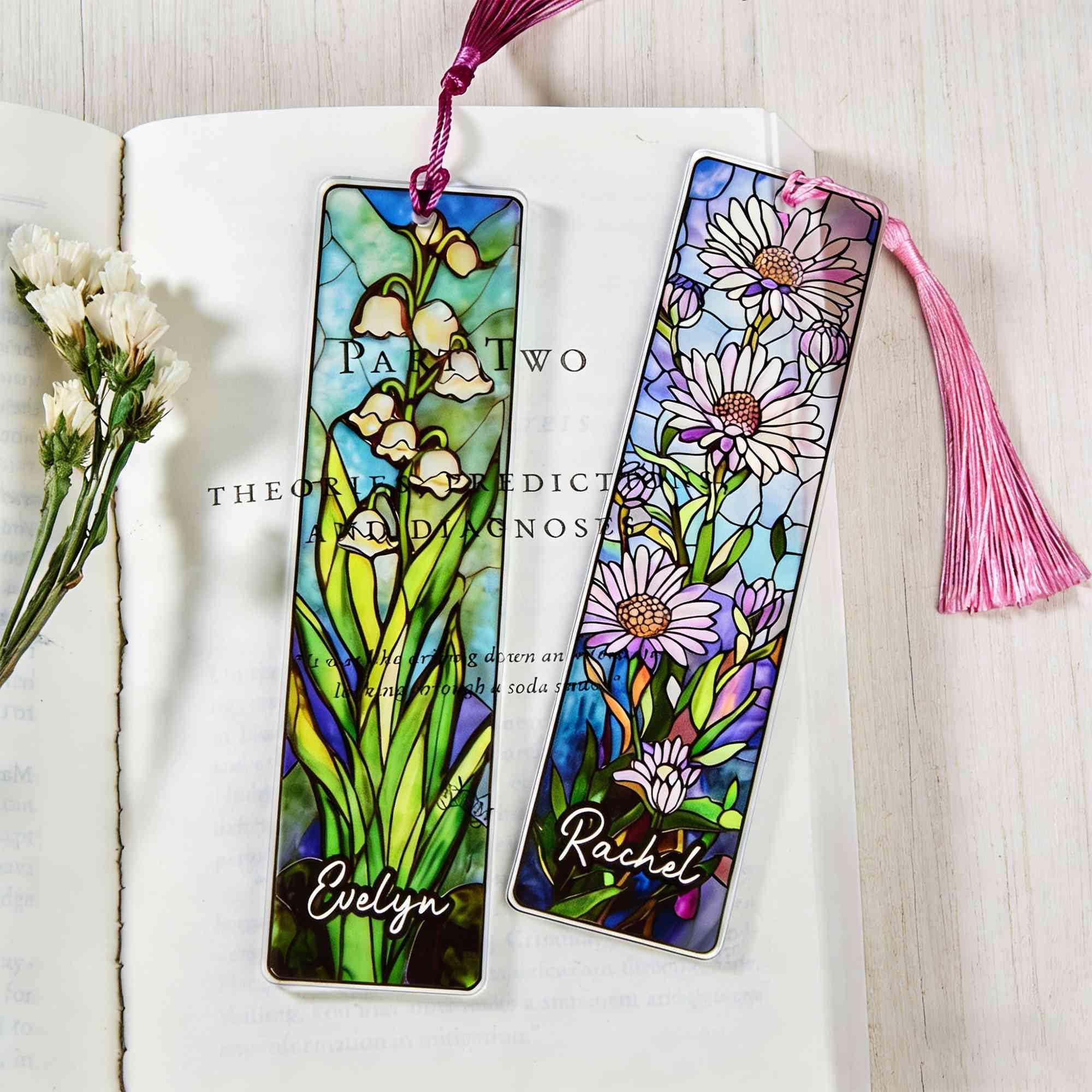 Personalised Birth Flower Stained Glass Acrylic Bookmark for Women Custom Name Vintage Floral Transparent Bookmark with Tassels Aesthetic Flower Book Mark Gifts Art Plant Page Clips Gift for Reader