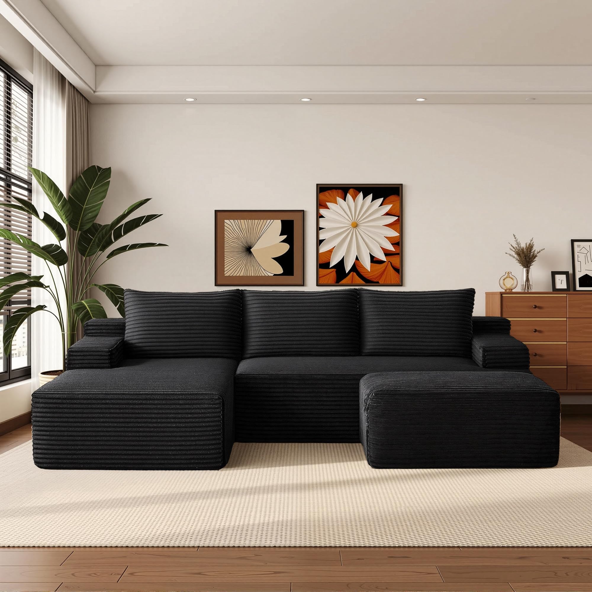 KOPSEE Boneless Couch Comfy Sectional Couches for Living Room,U Shaped Modular Cloud Couch Sofa, Minimalist Modular Sectional Sofa with Deep Seat (Black, 96"+Left Facing Chaise+Ottoman)