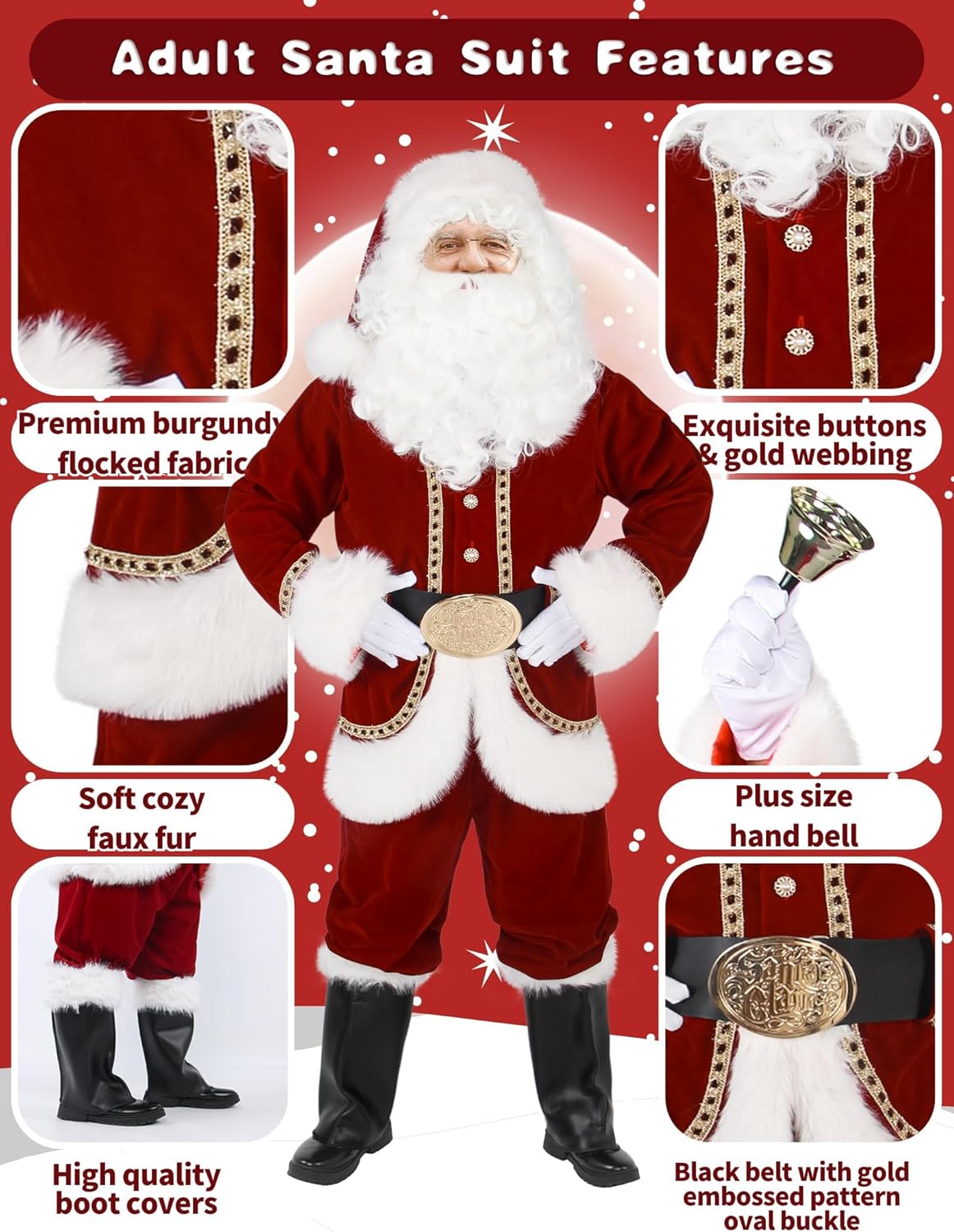 Santa Claus Costumes for Men Adult Santa Suit Plus Size Outfit Professional Deluxe 11Pcs Christmas Holiday Cosplay - Image 4