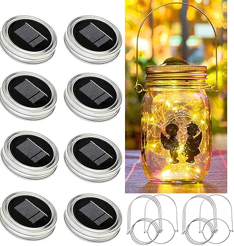 YJFWAL Luz solar para tarros, paquete de 8 luces LED impermeables para tapa de tarro de luciérnaga, incluye 8 ganchos y 2 piezas de PVC (tarros no