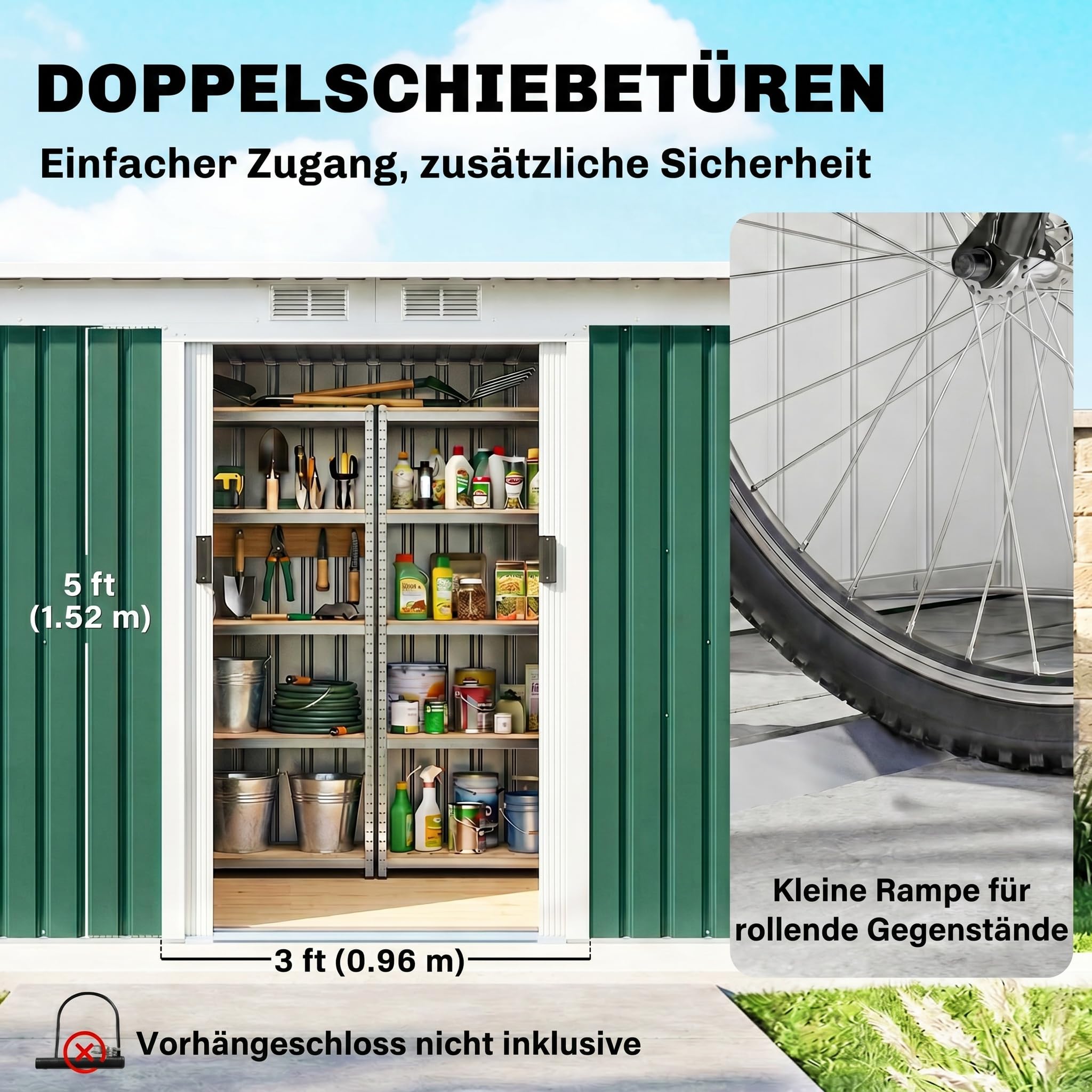 Outsunny Metall Gerätehaus 6,3m³ 280x130x172cm Geräteschuppen mit Pultdach Schiebetür wetterfest Gartenhaus Outdoor Garten Schuppen Schrank für Hinterhof Außenbereich Anthrazit, Dunkelgrün