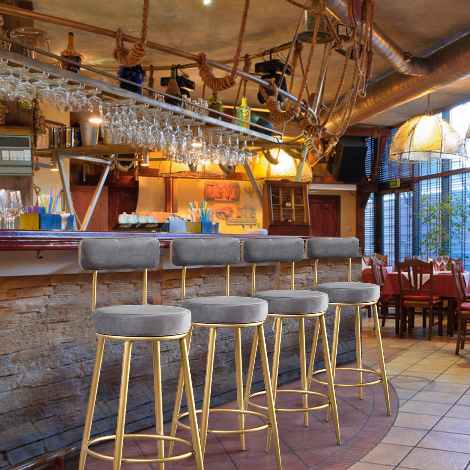 Amazon｜バースツール2個セット、背もたれと金属脚付きのモダンな