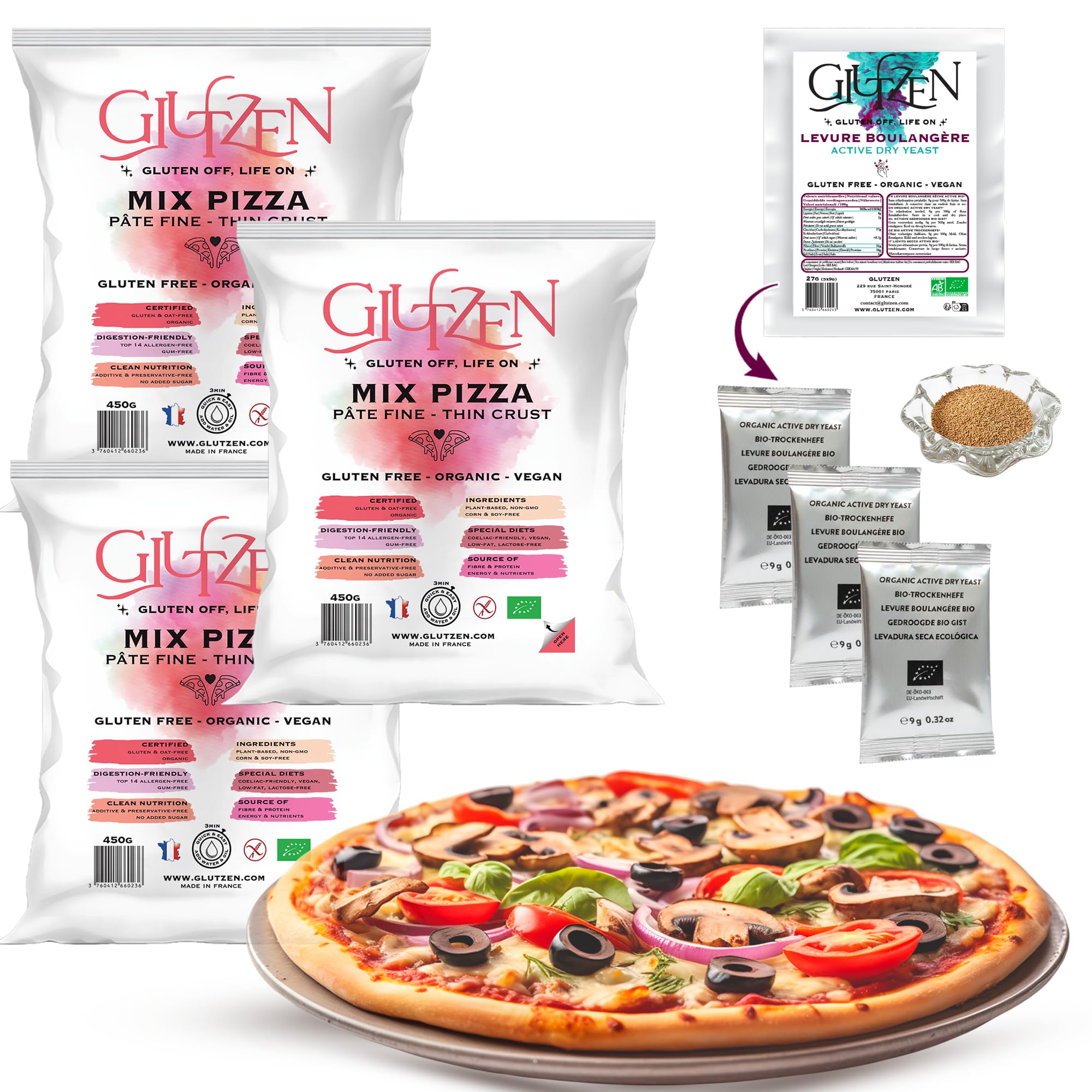 Pizza Senza Glutine Bio GLUTZEN. Mix Impasto Sottile e Croccante. Base Pizza Senza Impasto. Lievito incluso. Miscela di Farine Senza Glutine, Celiaco, Senza Allergeni, Vegan, FODMAP.
