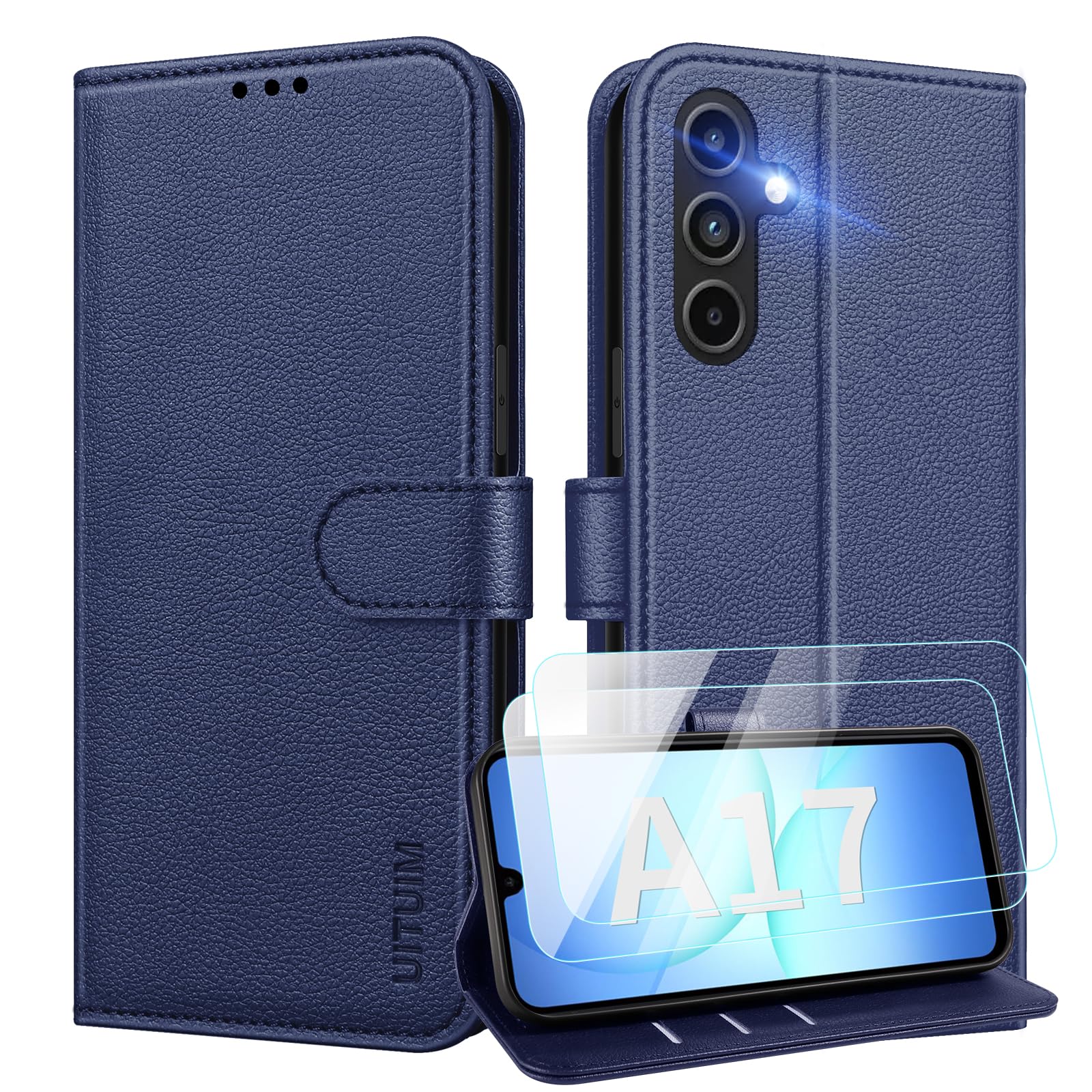 UITUIM Cover per Samsung Galaxy A17 5G/4G Custodia con 2 Vetro Temperato Pellicola a Libro Portafoglio Libretto in Pelle Porta Carte Protettiva Flip Case,Blu