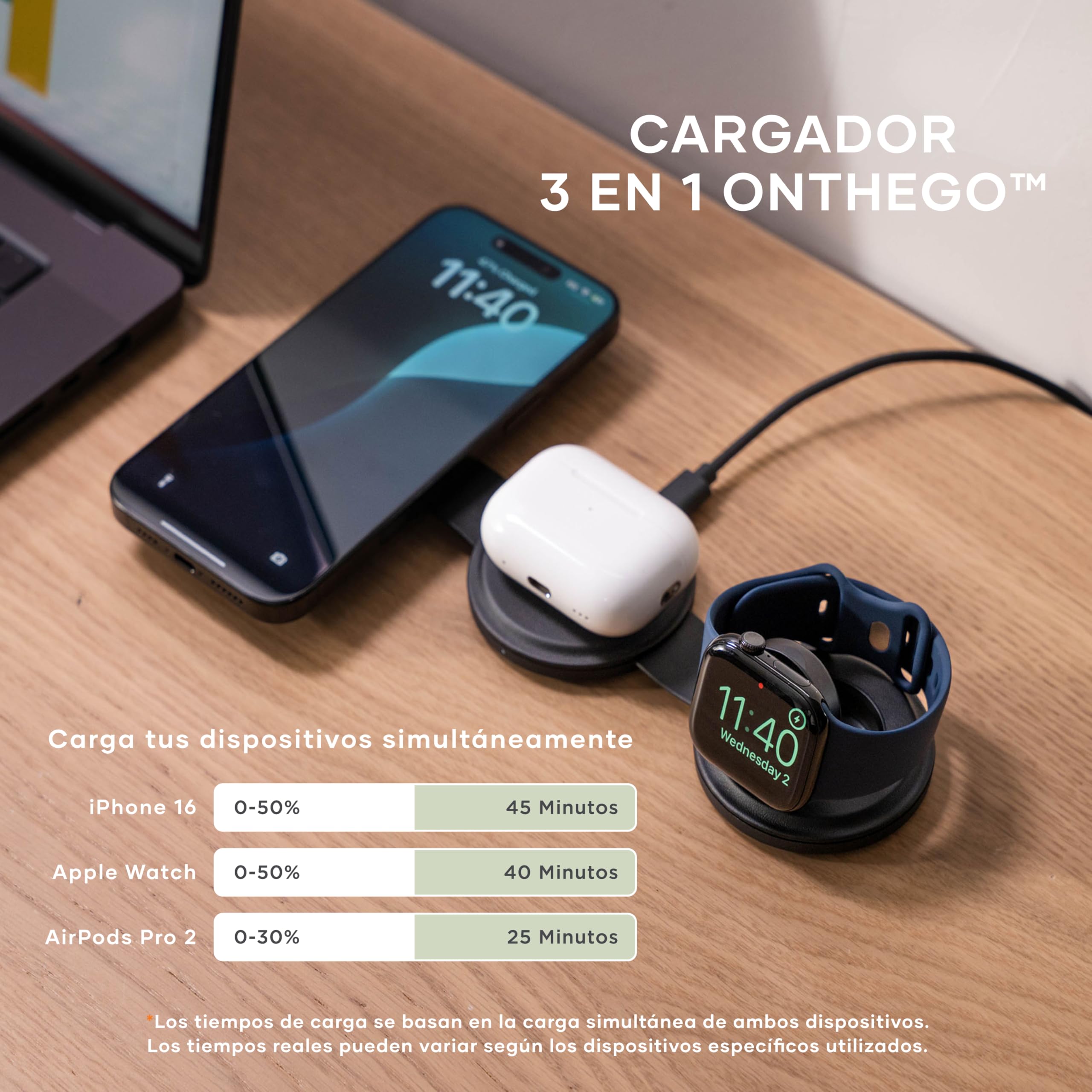 SATECHI OntheGo 3 en 1 Cargador Inalámbrico Qi2 15W, Negro | 15W para iPhone, 5W para Apple Watch y AirPods, diseño compacto para viajes, compatible con iPhone 17 a 12 y más