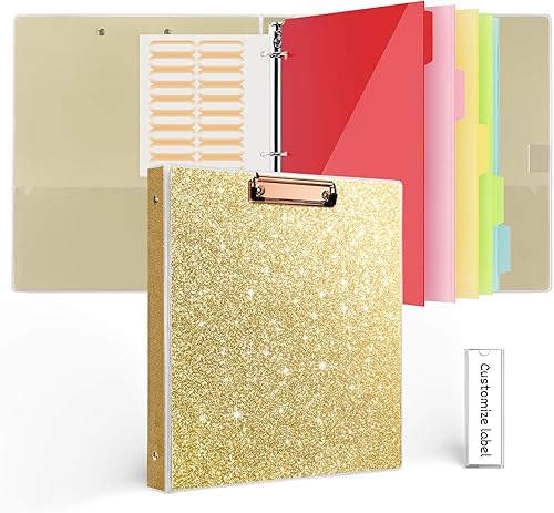Carpeta de 3 anillos con portapapeles, 1 pulgada, purpurina con 5 separadores de pestañas de color y bolsillos, bonitas carpetas azules para escuela