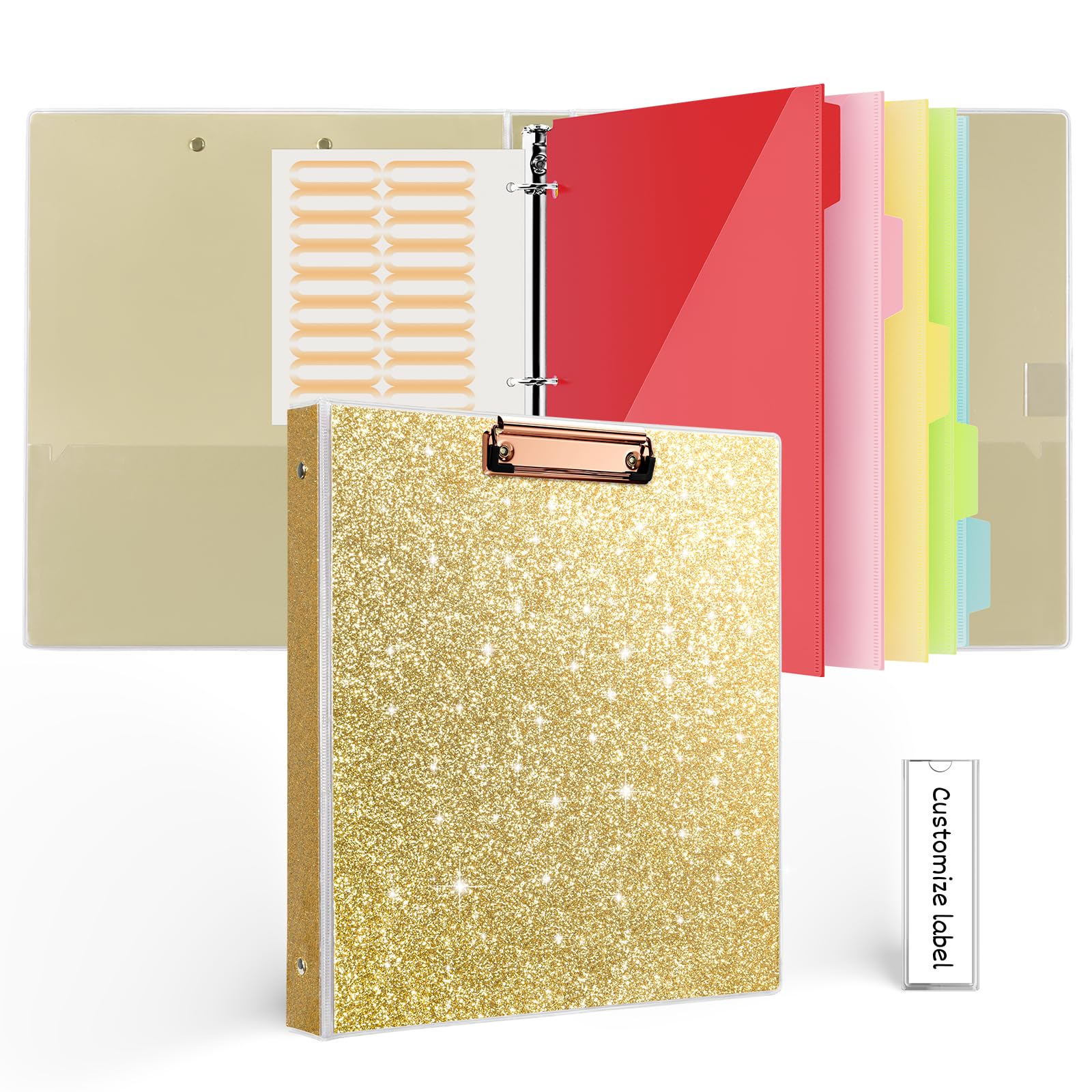 3 Ring Binder, Glitter Binders 1 Inch Holds 8.5’’ x 11’’ Letter Size 300 Pages, Decorative Hardcover Three Ring Binder with 5 Tab Dividers, Holiday Gifts for Family Friends Gold