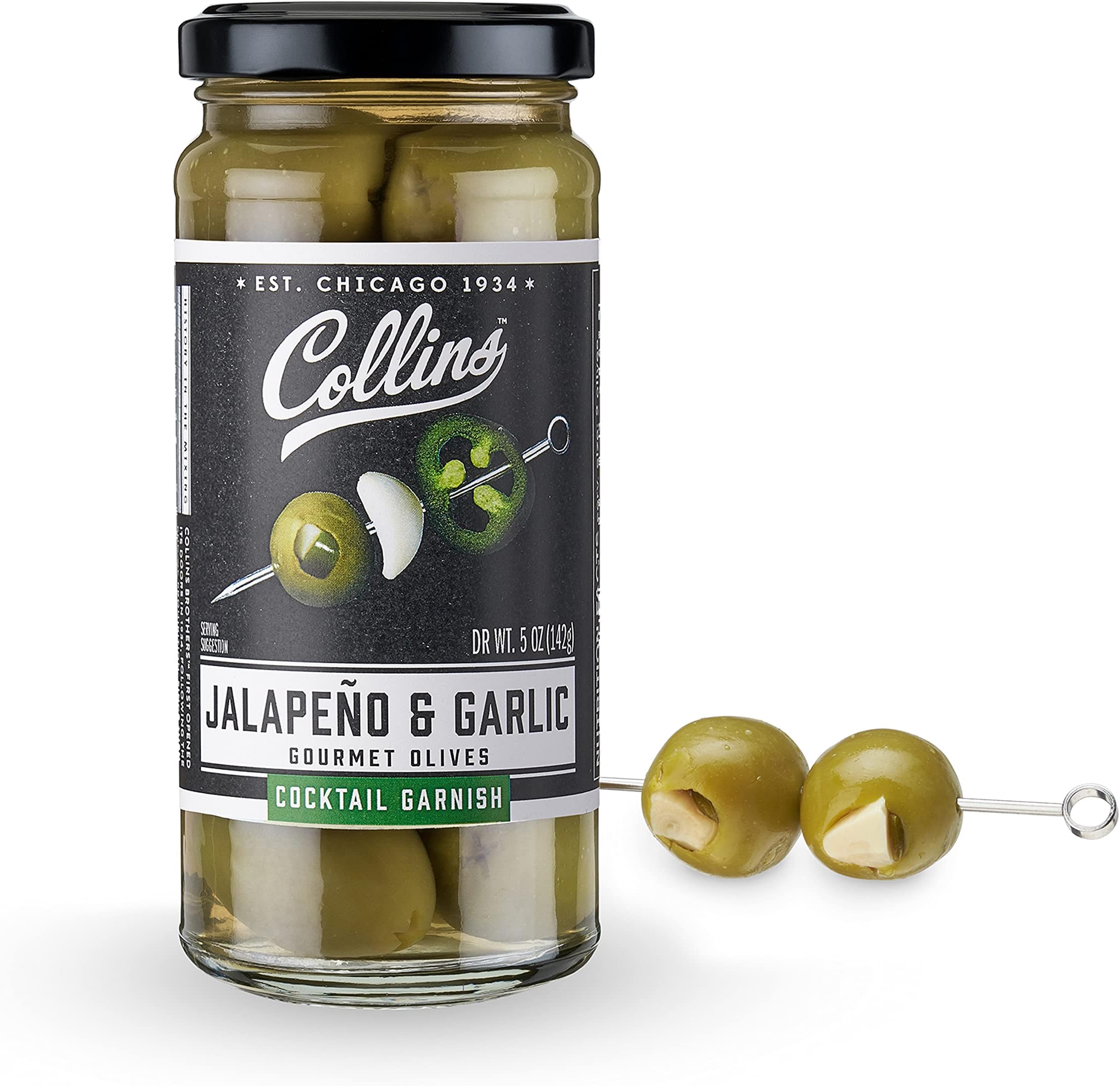 - Collins Double Stuffed Jalapeno & Garlic Olives 5oz Garnishes, 5 oz, Green