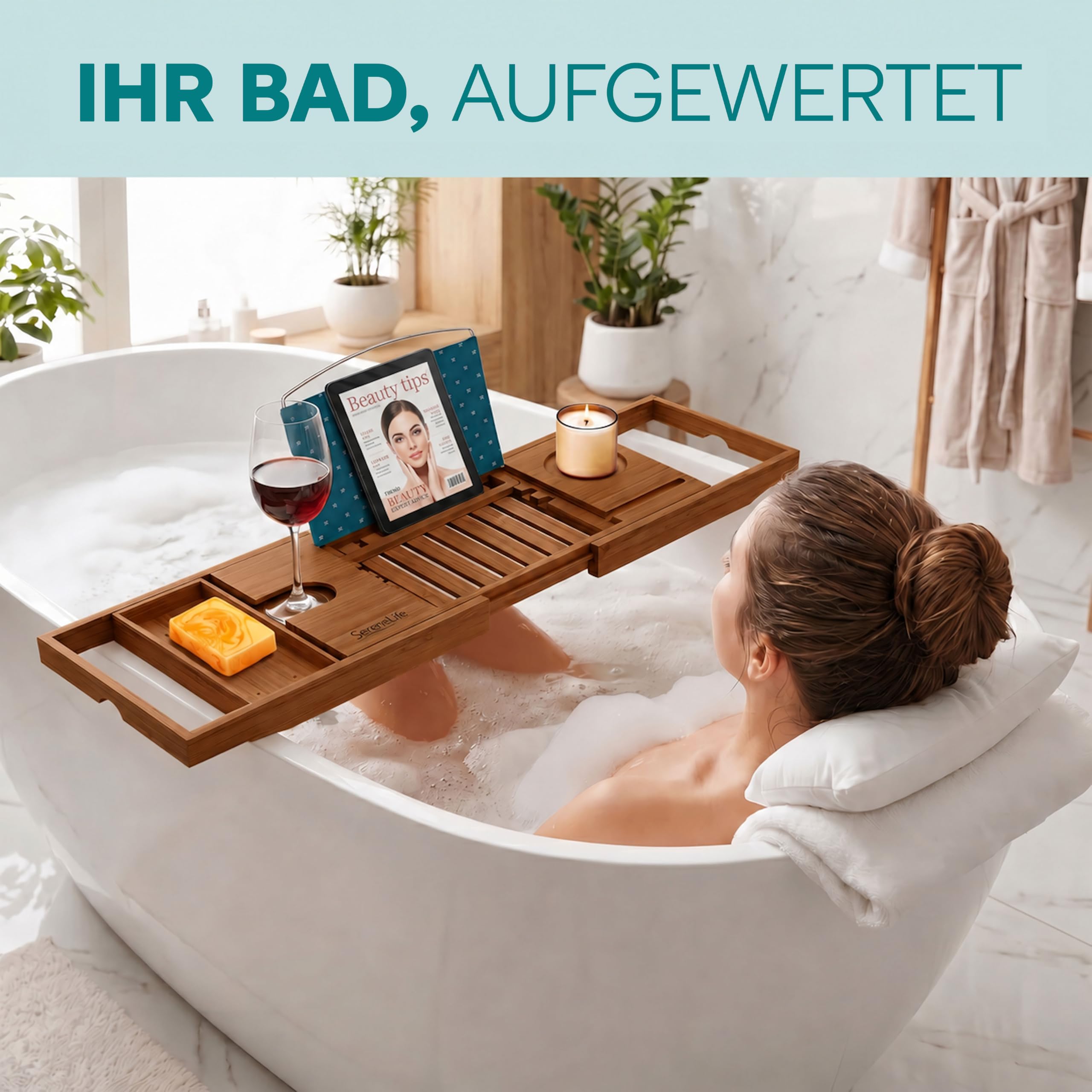 SereneLife Badewannenablage Bambus, ausziehbar mit Weinglashalter | Badewannenbrett Holz, 70–104 cm verstellbar, Tablethalter, Seifenablage, schimmelresistent, Geschenkbox