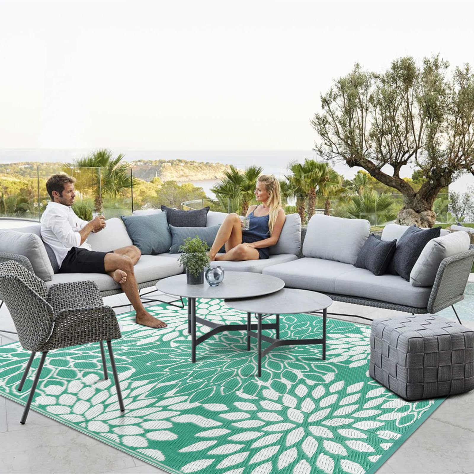 Photo 1 of Anidaroel Outdoor Rugs 8x10ft for Patios Clearance Waterproof, Reversible Tropical Plastic Straw Camping Mat Outside Rug, Large Outdoor Area Rug for RV, Porch, Deck, Balcony, Picnic Green/White 8'x10'