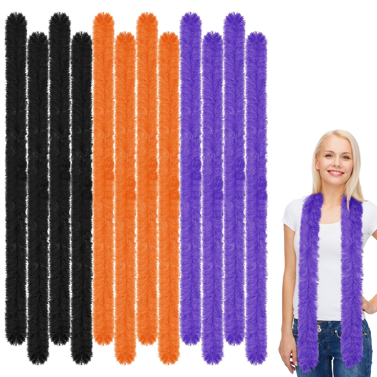Xtinmee 12 Pcs 5 ft Feather Boas Artificial Fluffy Boas Decoration Feather Scarf for Women Girl Halloween Tea Party, Black, Orange, Dark Purple, approx. 5 ft/ 150 cm in length โ image 1