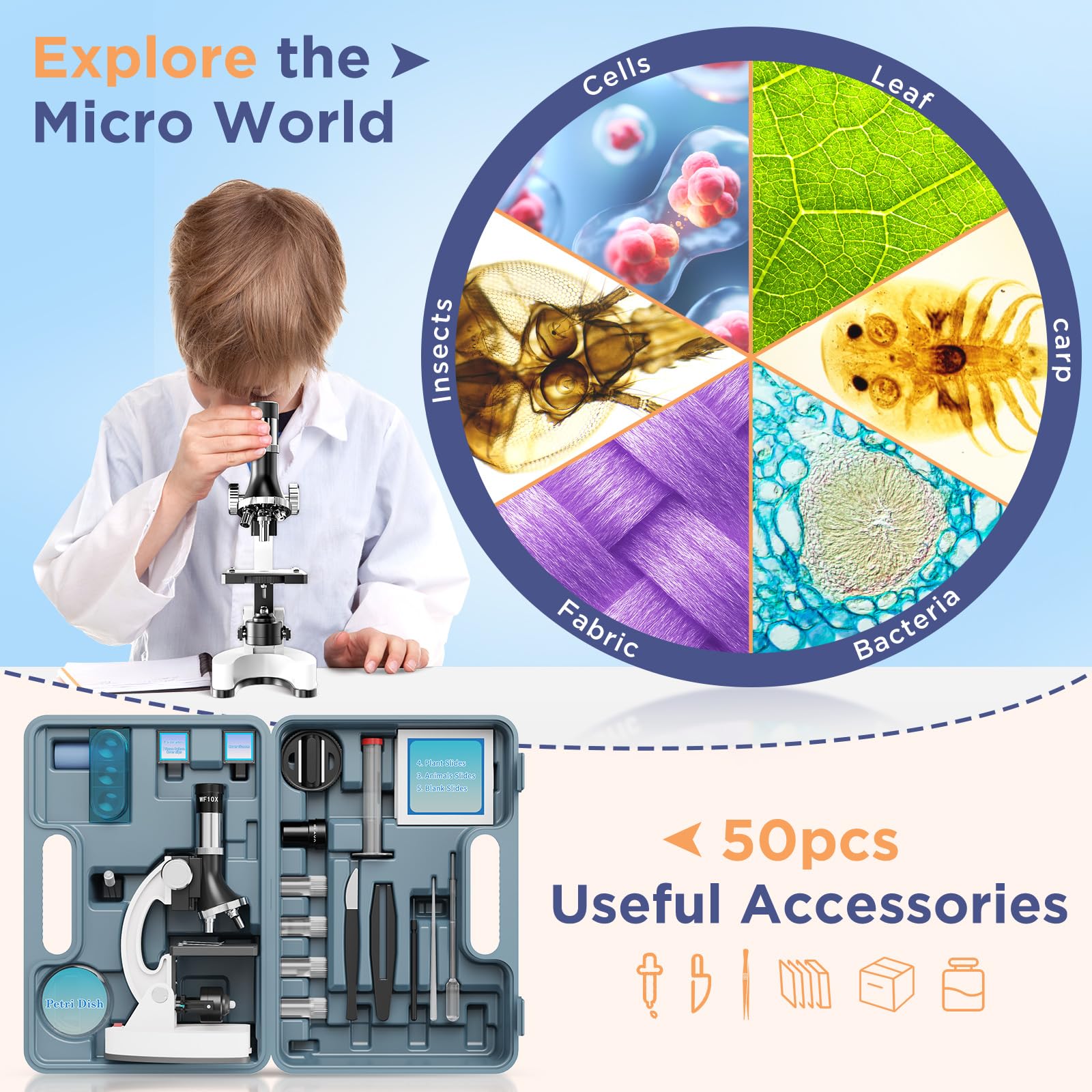 100X-1200X Kids Microscope Kit for Children: Kid Microscope for Teenagers STEM Biology Discovery - Image 2