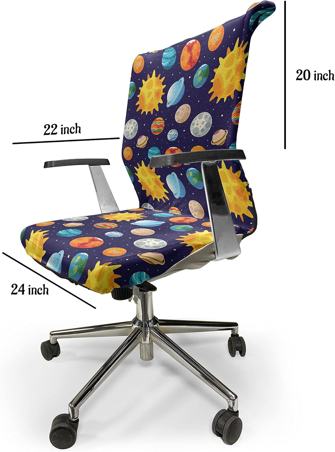Ambesonne Outer Space Office Chair Cover, Colorful Planets Cartoon with Sun Solar System Themed Illustration, Stretchable Decorative Universal Size High Back Printed Slipcover, Indigo Yellow Orange
