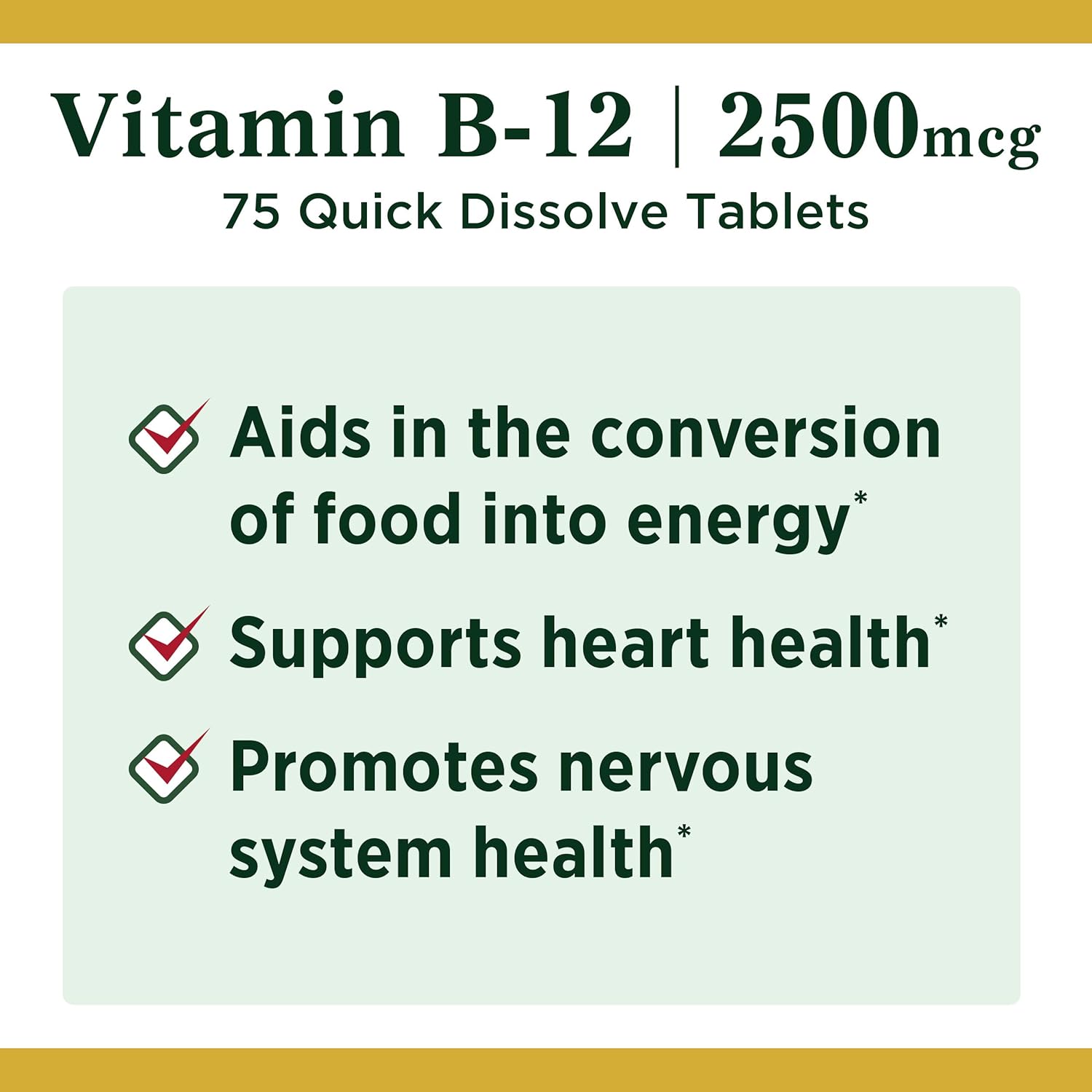 Vitamin B12 by Nature's Bounty, Quick Dissolve Vitamin Supplement, Supports Energy Metabolism and Nervous System Health, 2500mcg, 75 Tablets : Health & Household