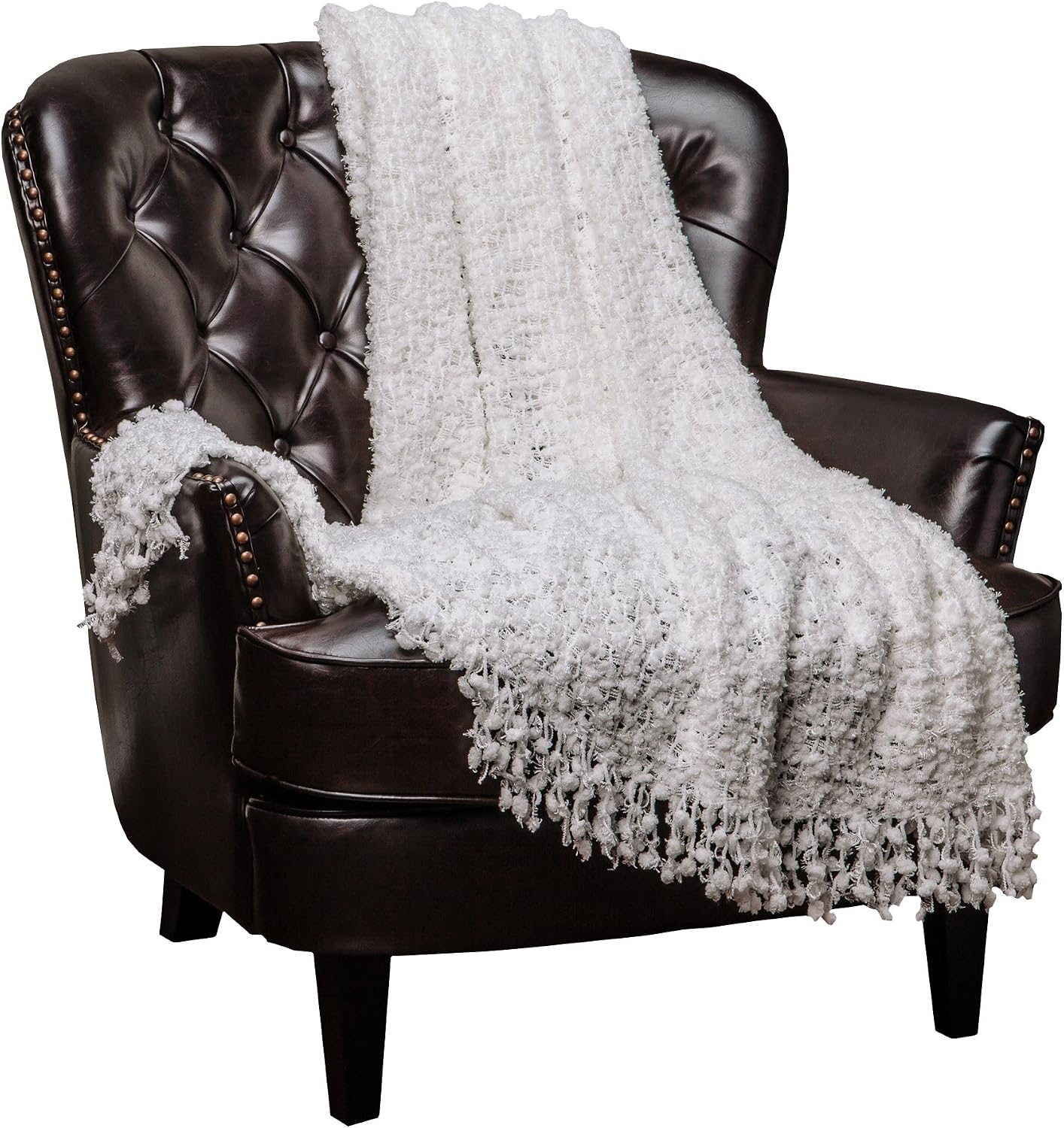 Chanasya Super Soft Beautiful Elegant Decorative Woven Popcorn Texture Couch Bed Throw Blanket with Ball Fringe