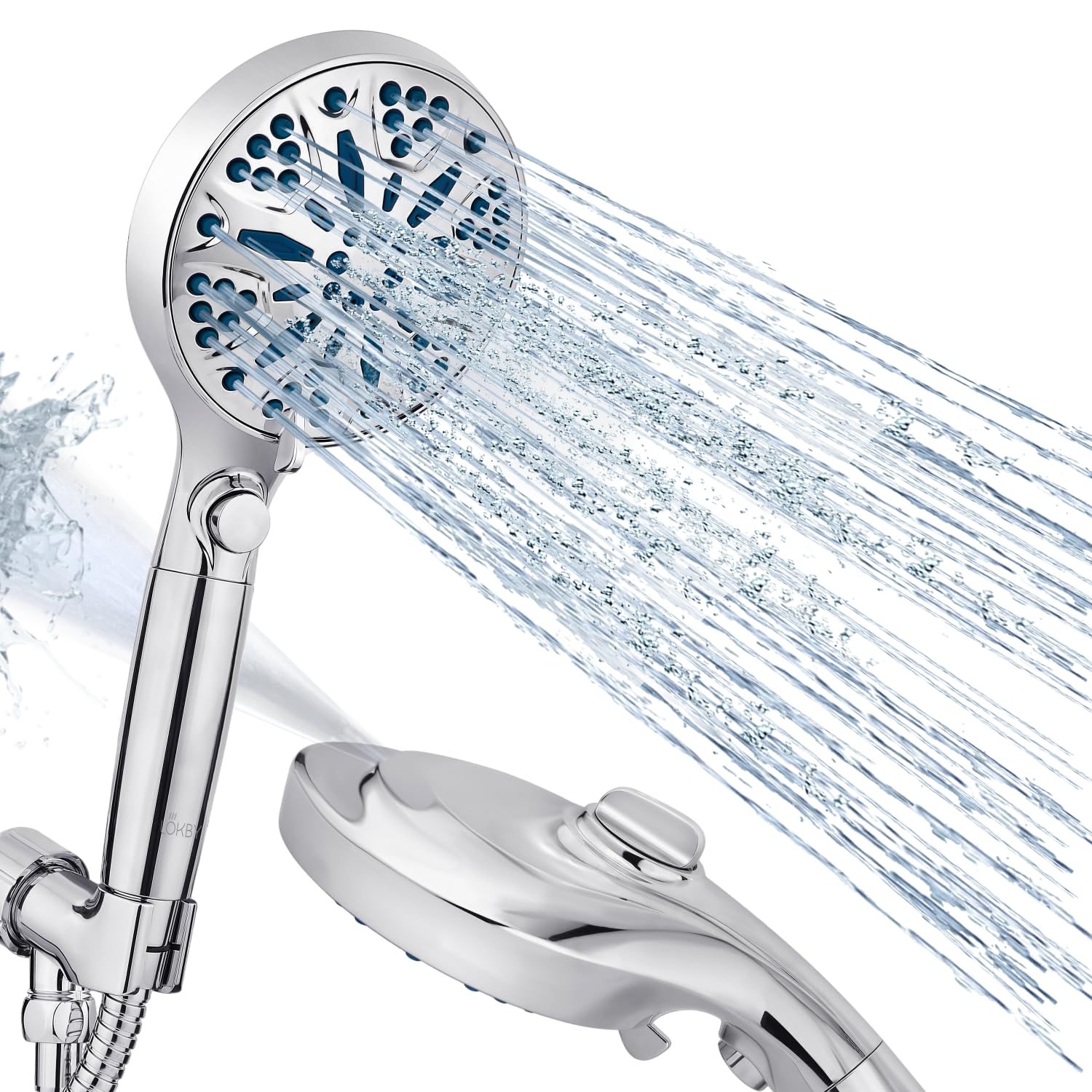 LOKBY High Pressure 10-Settings Shower Head with Handheld Set - High Flow Detachable Showerhead Body Spray with built-in 2 Power Wash - 59'' Stainless Steel Hose - Tool-less 1-Min Install - Chrome