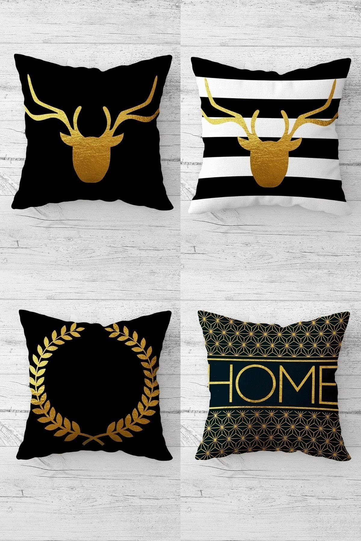 Pelangi Gold Geyik Desenli Home Yazılı Gizli Fermuarlı Kırlent Kılıfı Koltuk Yastık Kılıfı Takım(4adet), Siyah-Gold 45 x 45