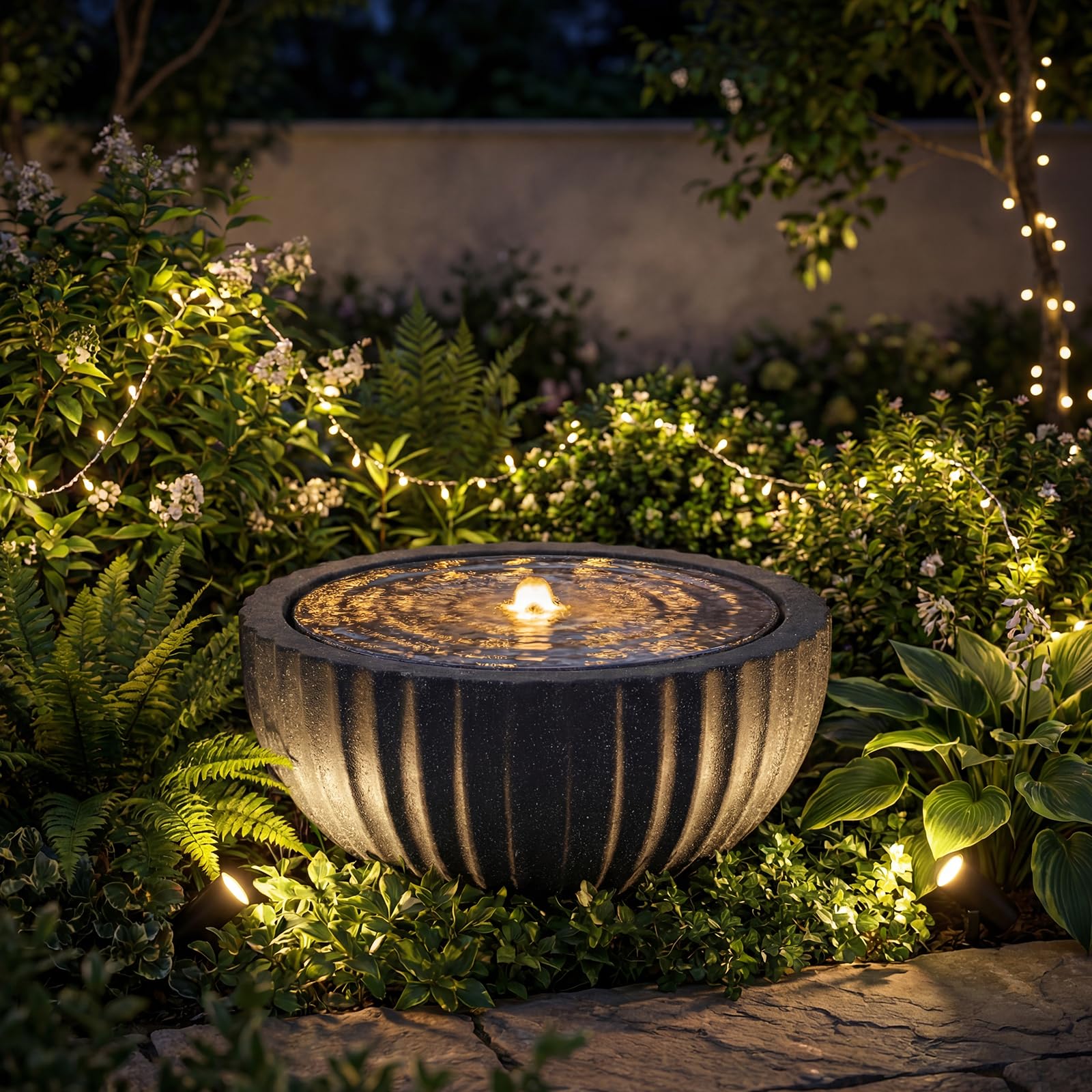 COSTWAY Springbrunnen Rund, Gartenbrunnen mit LED Beleuchtung & Pumpe, Brunnen Outdoor, Steinoptik, Zimmerbrunnen draußen, Wasserfall Brunnen für Garten Balkon Terrasse, 45 x 45 x 23,5 cm