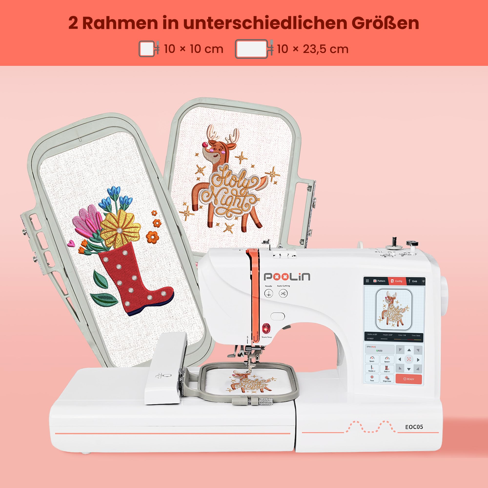 PooLin EOC05 Stickmaschine – Elektronische Stickmaschine – 7″ LCD-Touchscreen, Rahmen 10×10 cm und 10×23,5 cm, USB/Wi-Fi-Motivimport, ideal für Anfänger und Experten