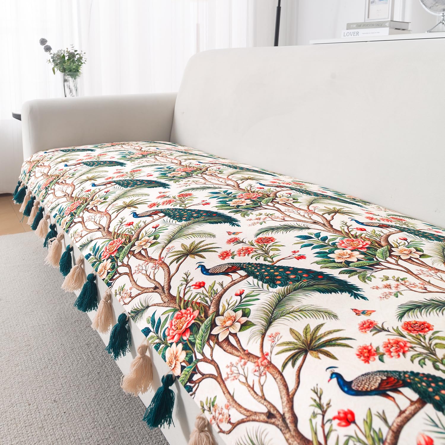 HOKIPO Printed Holland Velvet Sofa Cover with Tassel for 1/2/3 Seater & L Shape Sofa | Make Your Own Set, 'Whispers of Nature' Sofa Mat, 70(W) x 60(L) cm, Multicolor Tropical Peacock (IN-1117-D1)-picture-12