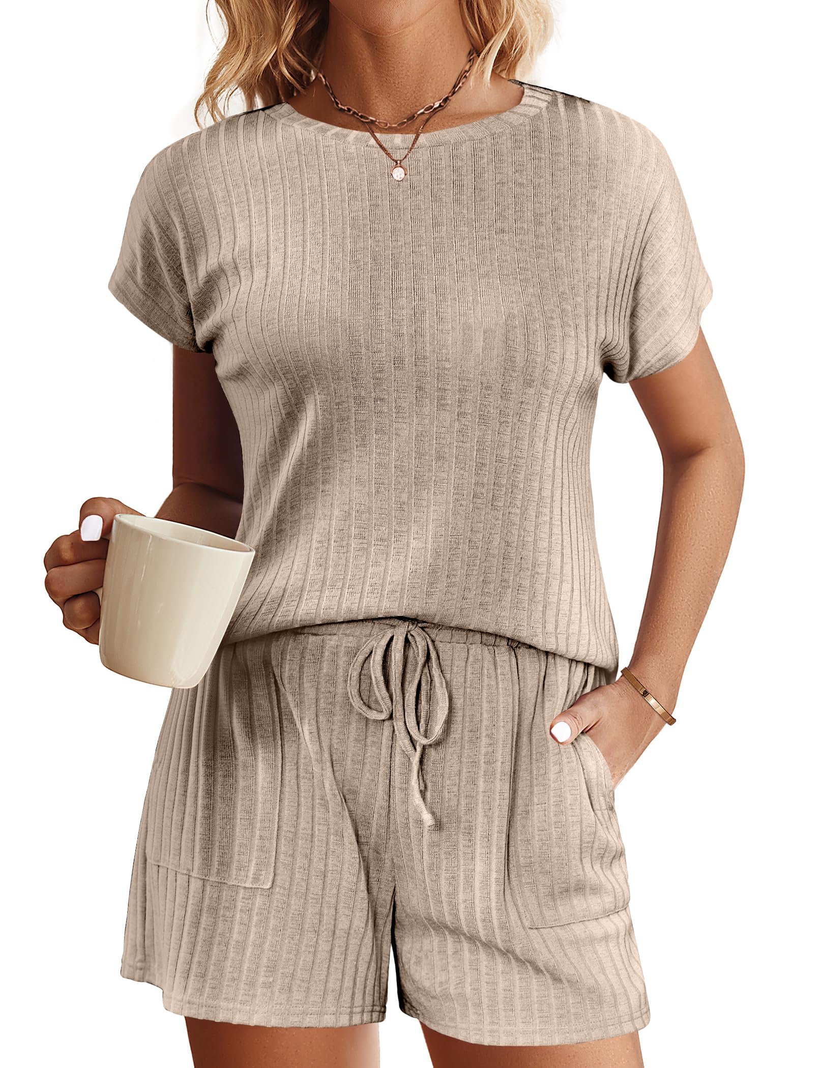 Ekouaer Pajamas Set for Women 2 Piece Pjs Ribbed Knit Lounge Set Cap Sleeve Loungewear Sleepwear S-XXL