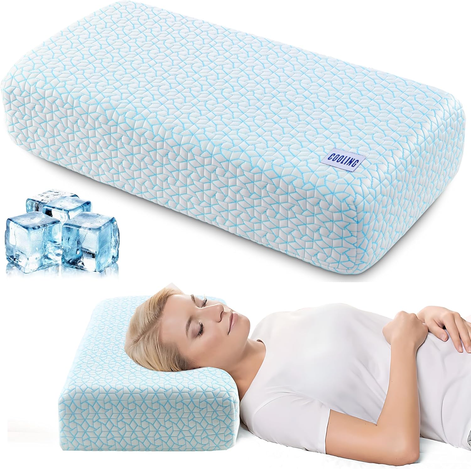 Puredown Cooling Cube Pillow for Side Sleepers, 40D High-Density Memory Foam Support Head Crevical Square Pillow for Neck and Shoulder Pain, 24 ”x12 x5”, Blue