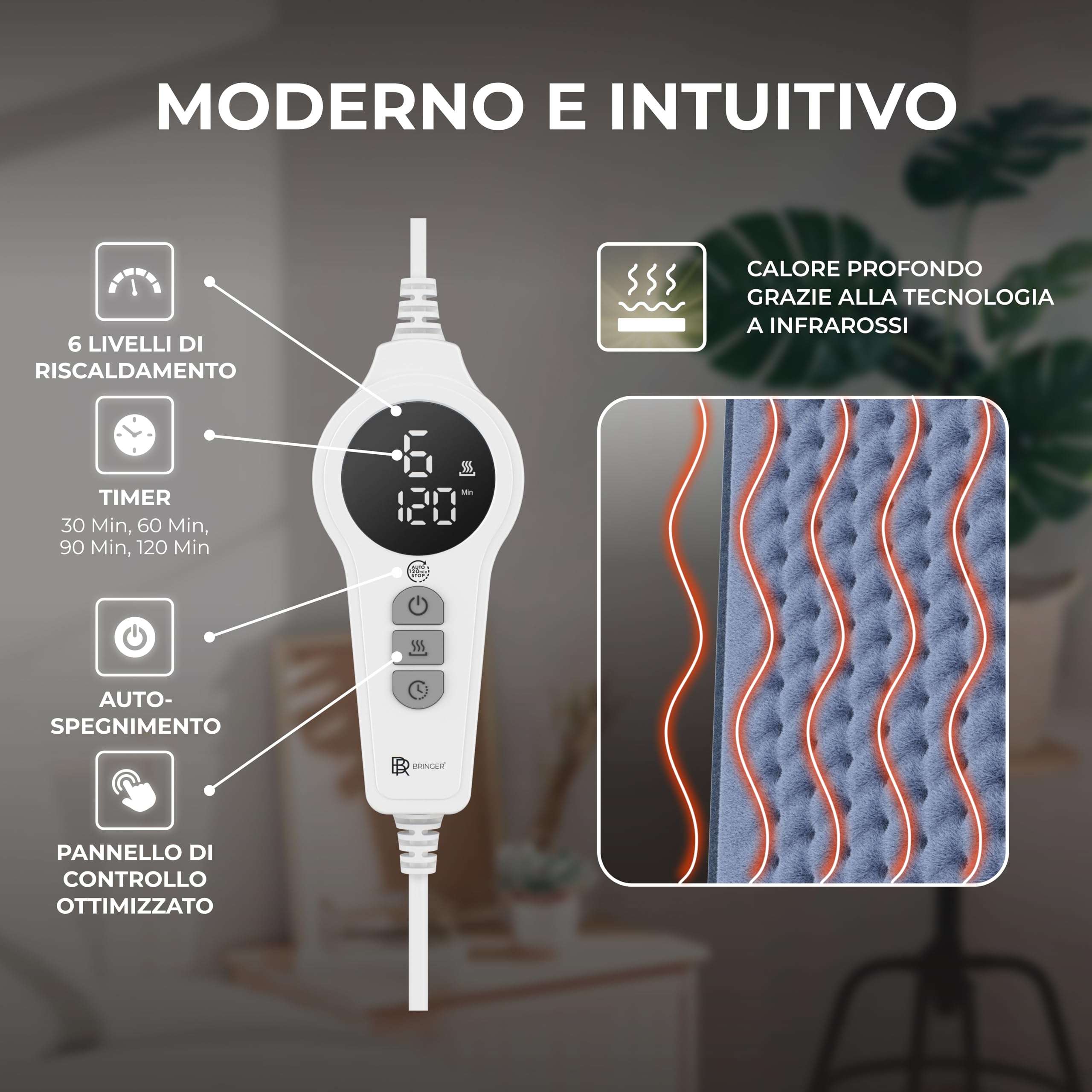 BR Bringer Termoforo Elettrico a infrarossi - Fascia Riscaldante lombare con 6 livelli di riscaldamento (25-60°C), protezione contro il surriscaldamento, lavabile, display LED (Blu 45 x 30 cm)