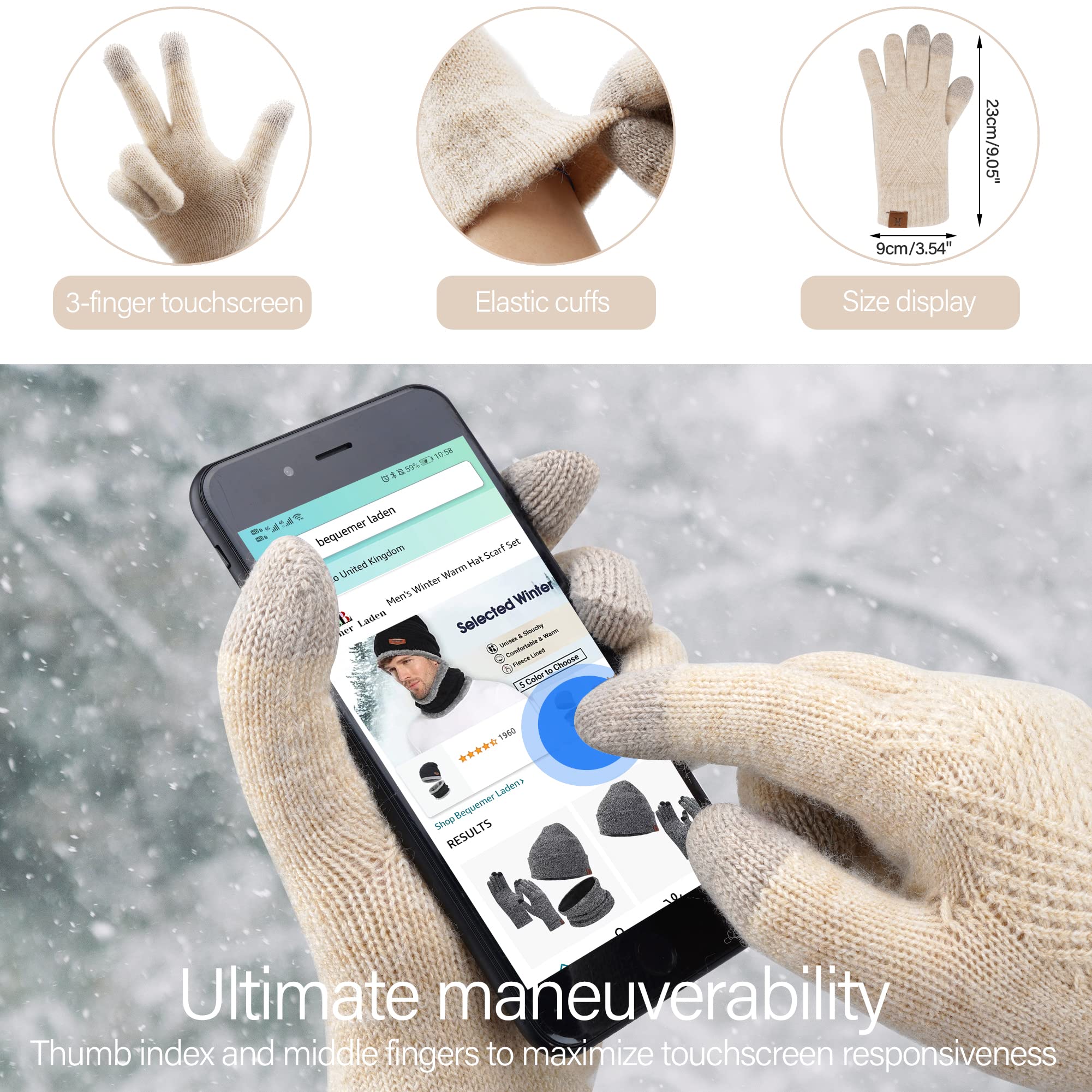 Femmes Hiver Chaud Bonnet Pompon Longue Echarpe Gants Tactiles Ensemble Tricot avec Doublure Polaire Thermique Cadeaux Noel Femme