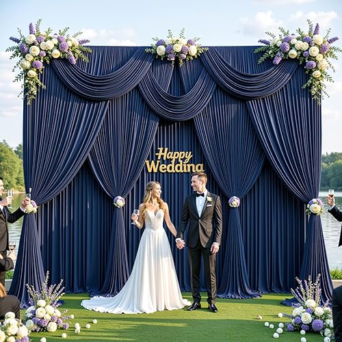 Miniatura 3 de Cortinas de fondo azul marino sin arrugas de 20 x 10 pies para fiestas, 4 paneles de 5 x 10 pies de poliéster sedoso para fotos, cortinas de fondo
