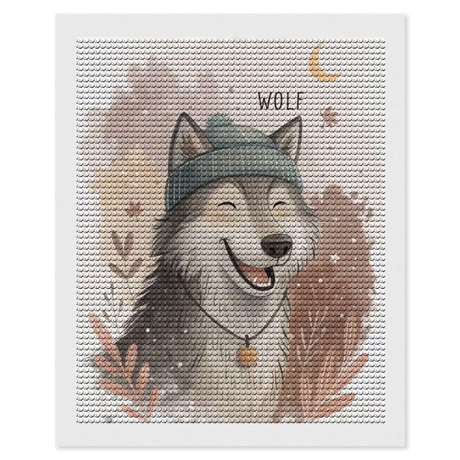 Junmoney Cute Wolf Wearing A Beanie Diamond Painting Set 16"x20", Sparkling Round Gems, Decorate Your Room, Fun Craft Experience, Modern Decor