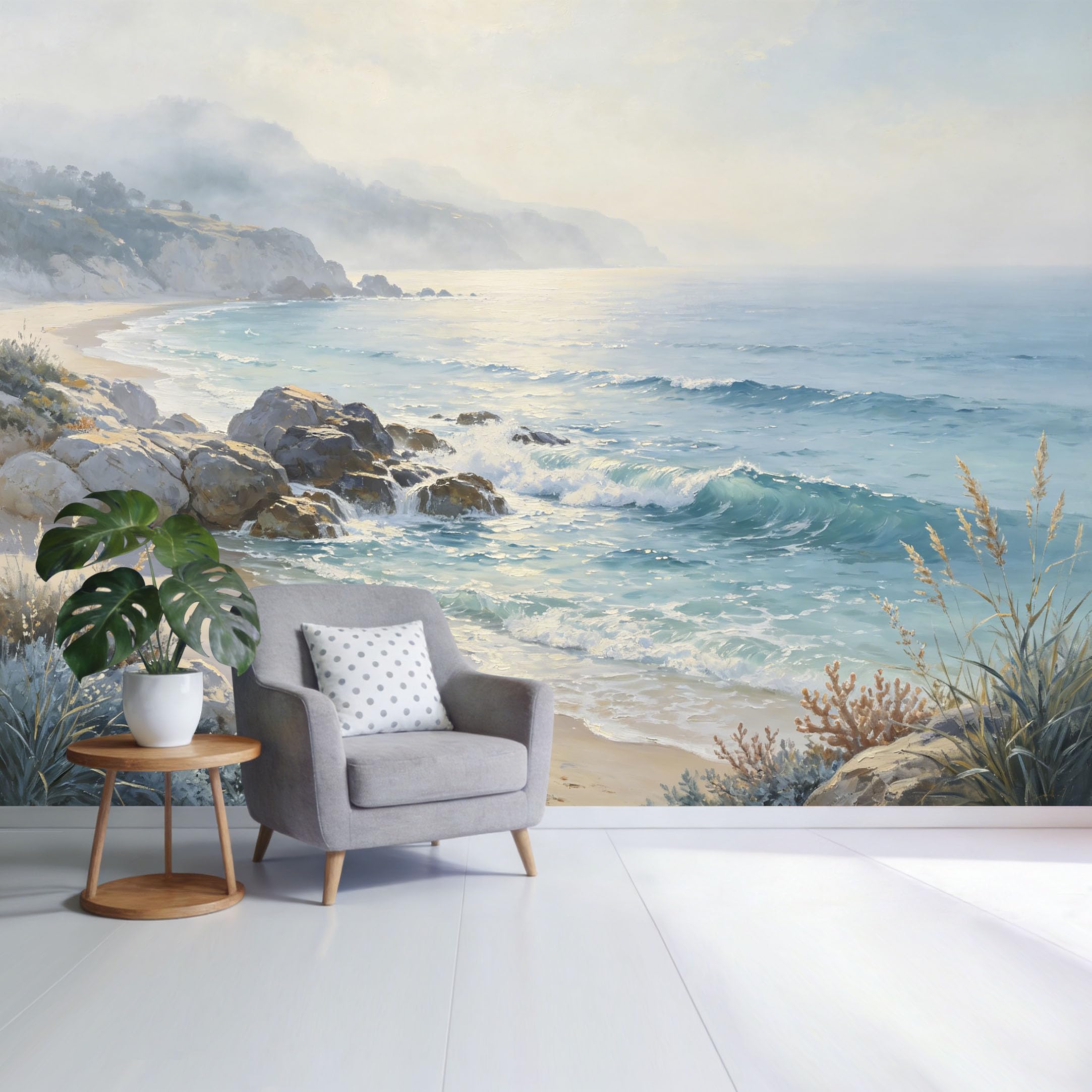 Custom Size Wall Mural Coastal Ocean Waves Rocky Beach Landscape Watercolor Seaside View SelfAdhesive Wall Fabric Removable Wallpaper for Home Office Decor