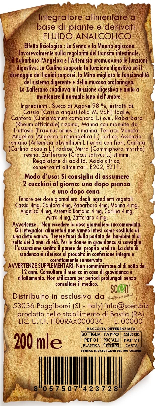 SCEN Amaro Svedese Maria Treben Originale Senza Alcool Preparato con Erbe Svedesi Naturali Efficace e Concentrato Diuretico Drenante per Gonfiore Addominale 200 ML Made in Italy