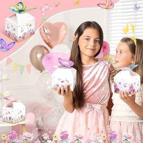 Miniatura 7 de Ctosree 24 cajas de regalo de fiesta de mariposa, bolsas de dulces florales, caja de papel de regalo de mariposa rosa para niña, decoración azul