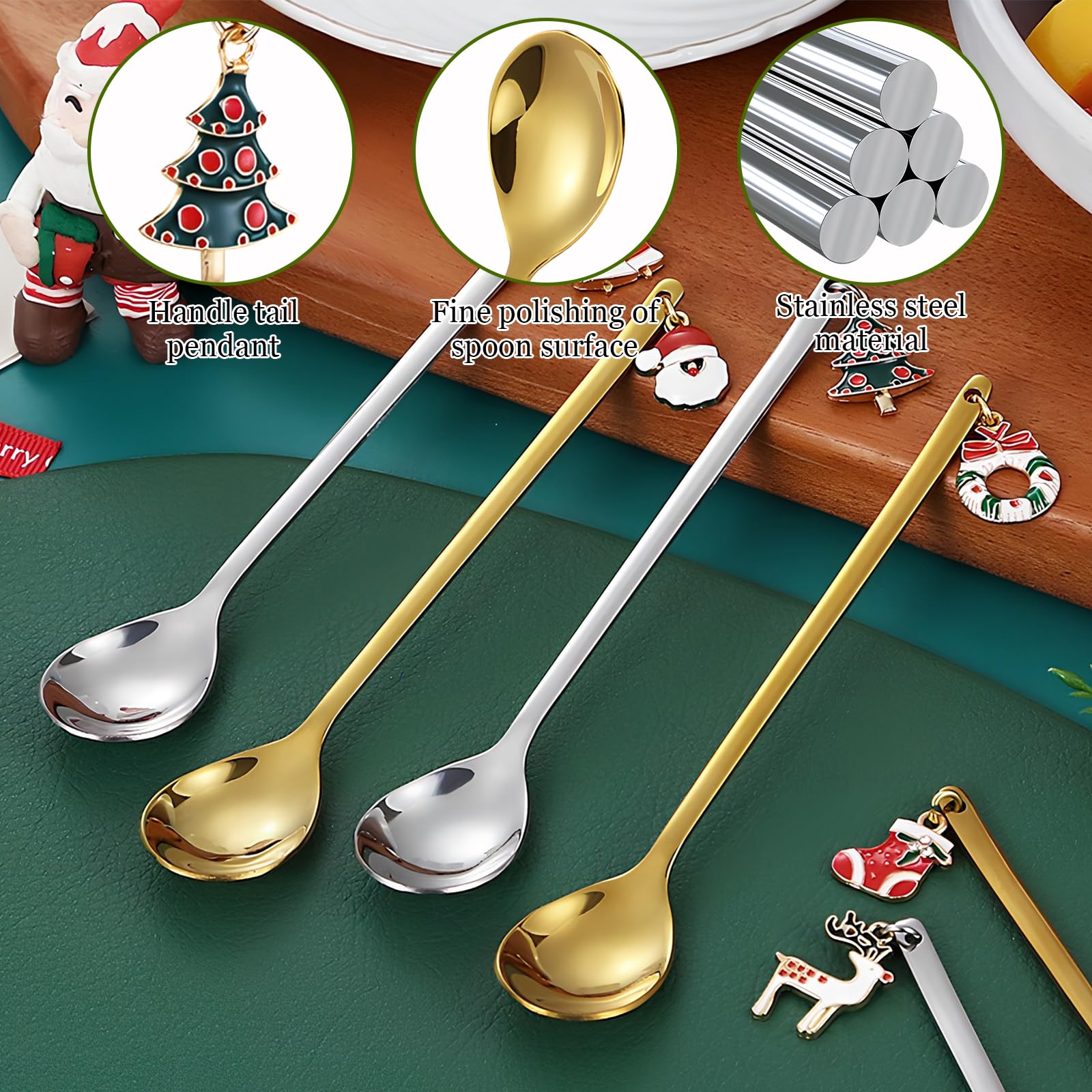 6 Cucharas Navideñas De Acero Inoxidable Con Colgantes Decorativos - Ideales Para Postres Y Regalos