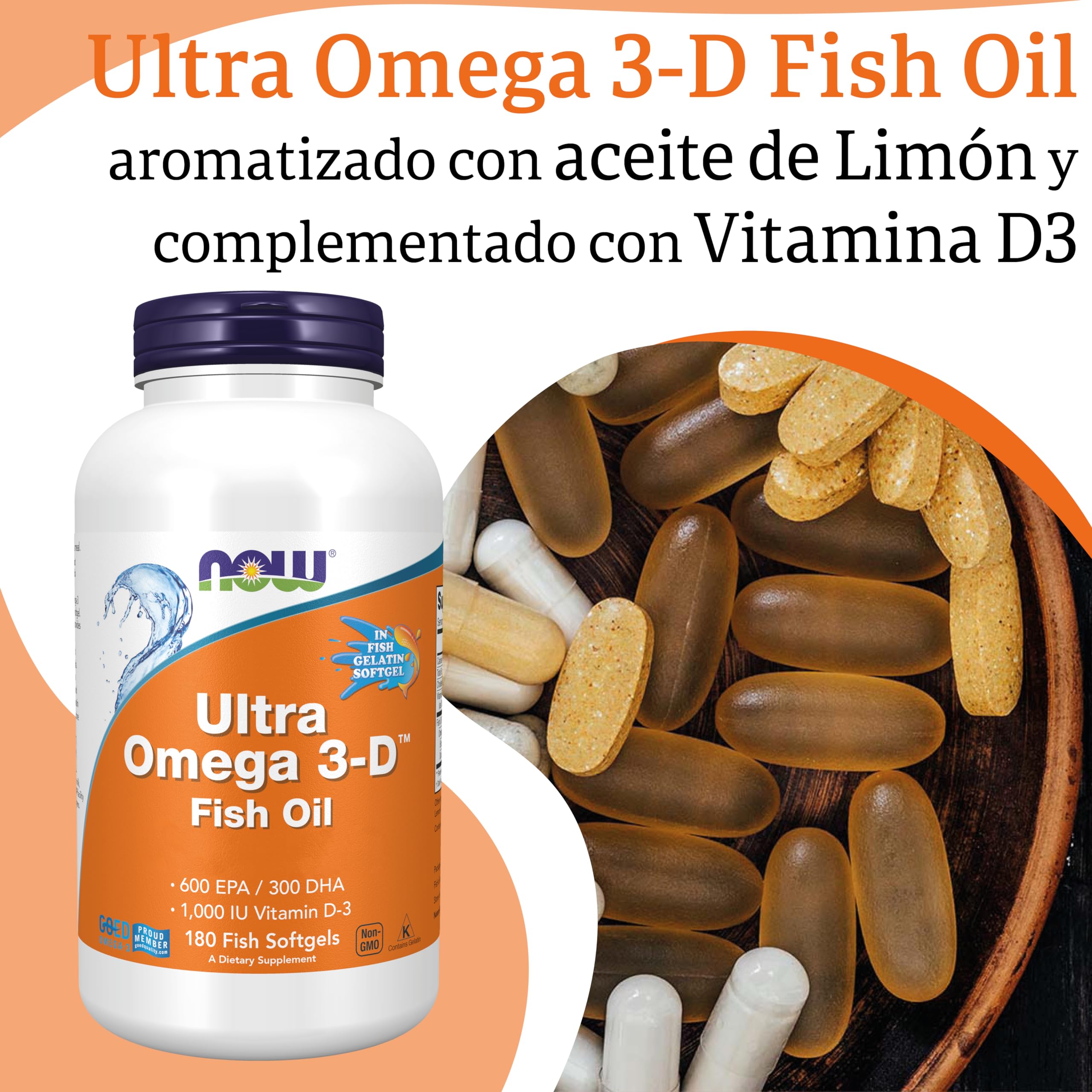 Now Foods, Ultra Omega 3-D Fish Oil (Aceite de Pescado), 180 Cápsulas blandas, Probado en Laboratorio, Sin Gluten, Sin Soja, No GMO