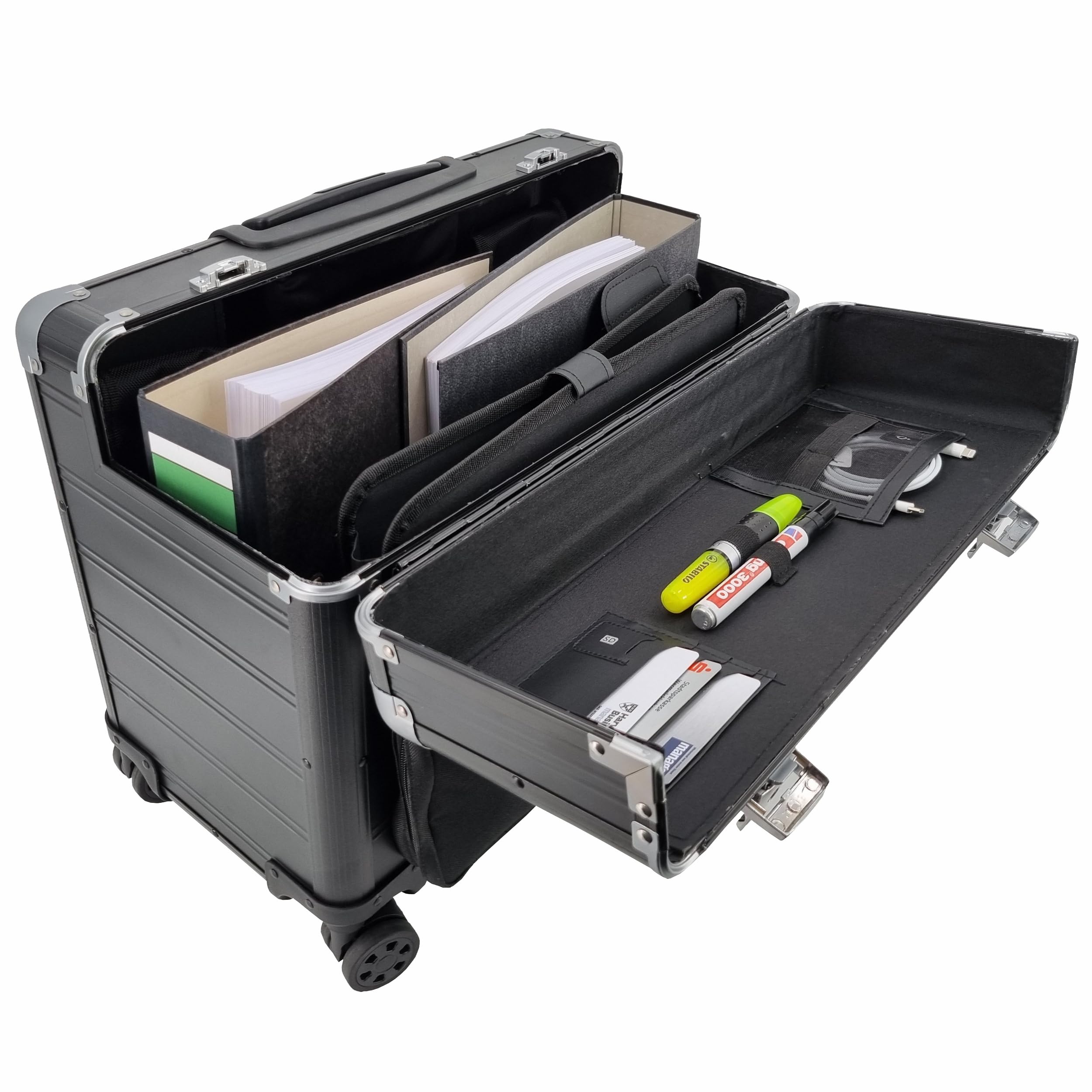 SONOVO Pilotenkoffer mit Vortasche mit Rollen mit Trolley Aluminium in Schwarz 45179 | Alukoffer, Aktenkoffer, Businesskoffer | Für den täglichen Geschäftseinsatz und für Kundentermine