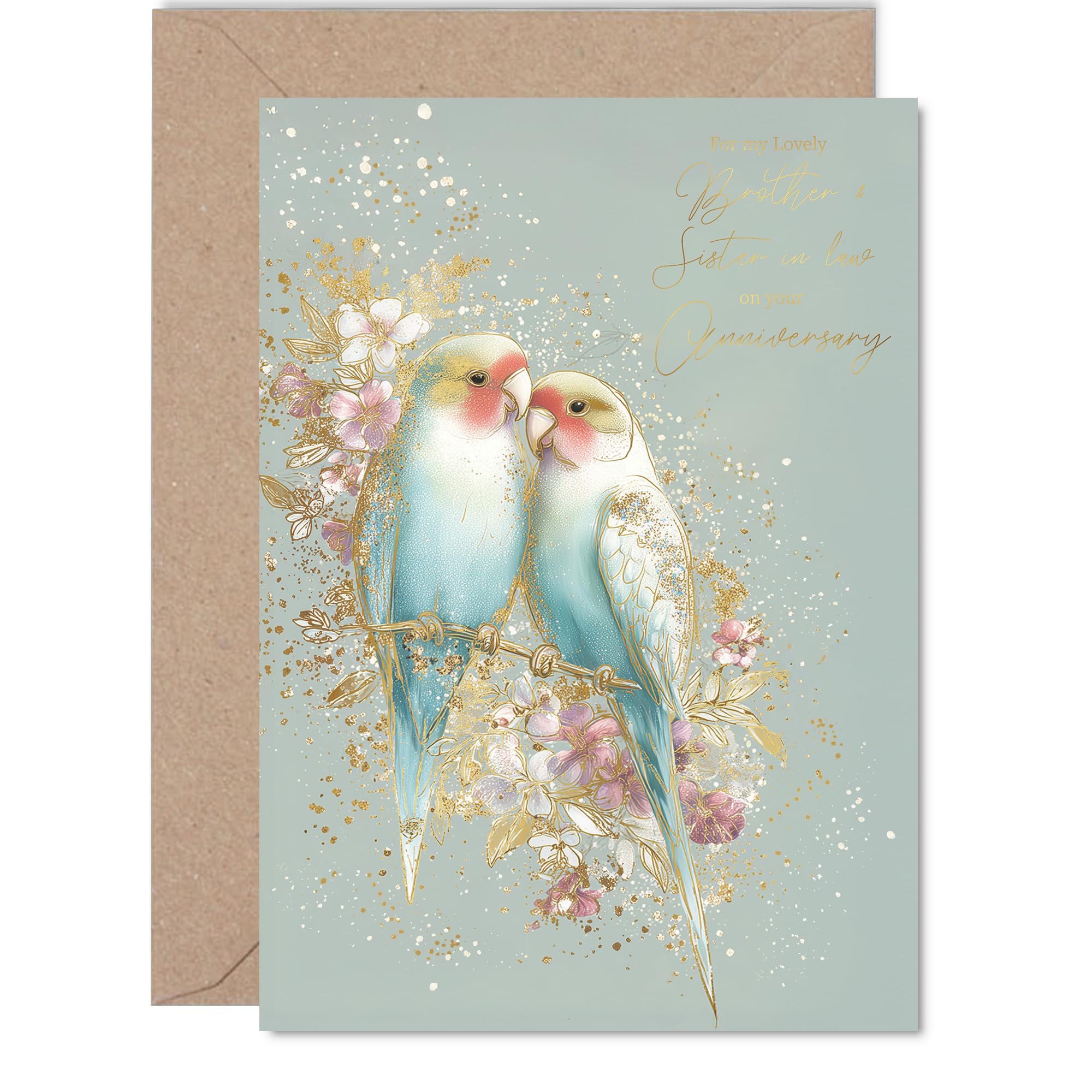 Gold Brother & Sister in Law Anniversary Card, Pastel Love Birds