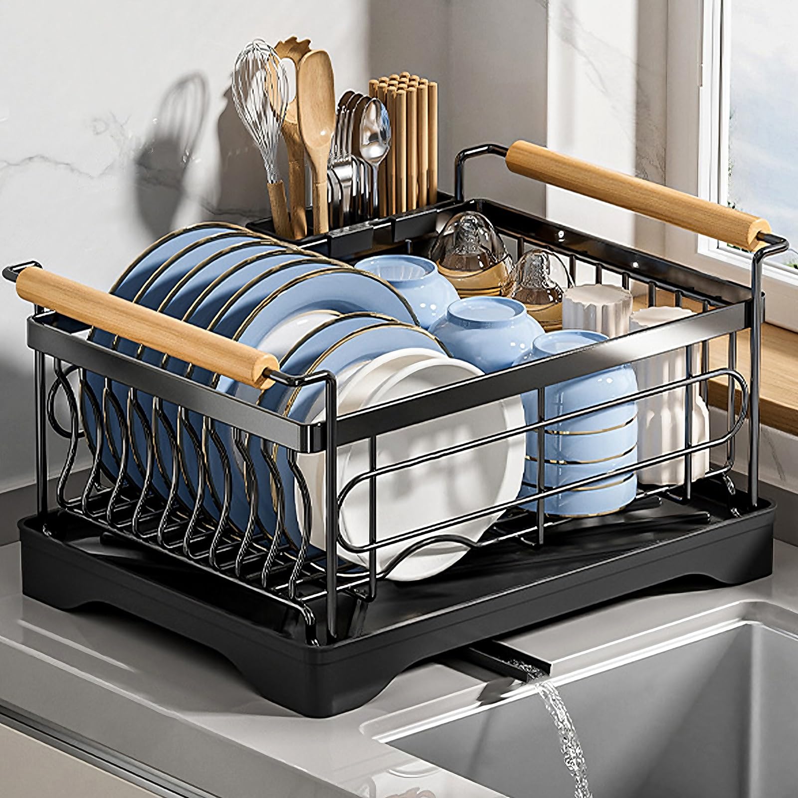 Abtropfgestell für die Spüle, Edelstahl, kompakter Kaktus-Küchenspüle-Organizer mit Ablaufloch und Abtropfschale, platzsparender Caddy für Arbeitsplatten (schwarz, 42 x 30 x 22,5 cm)