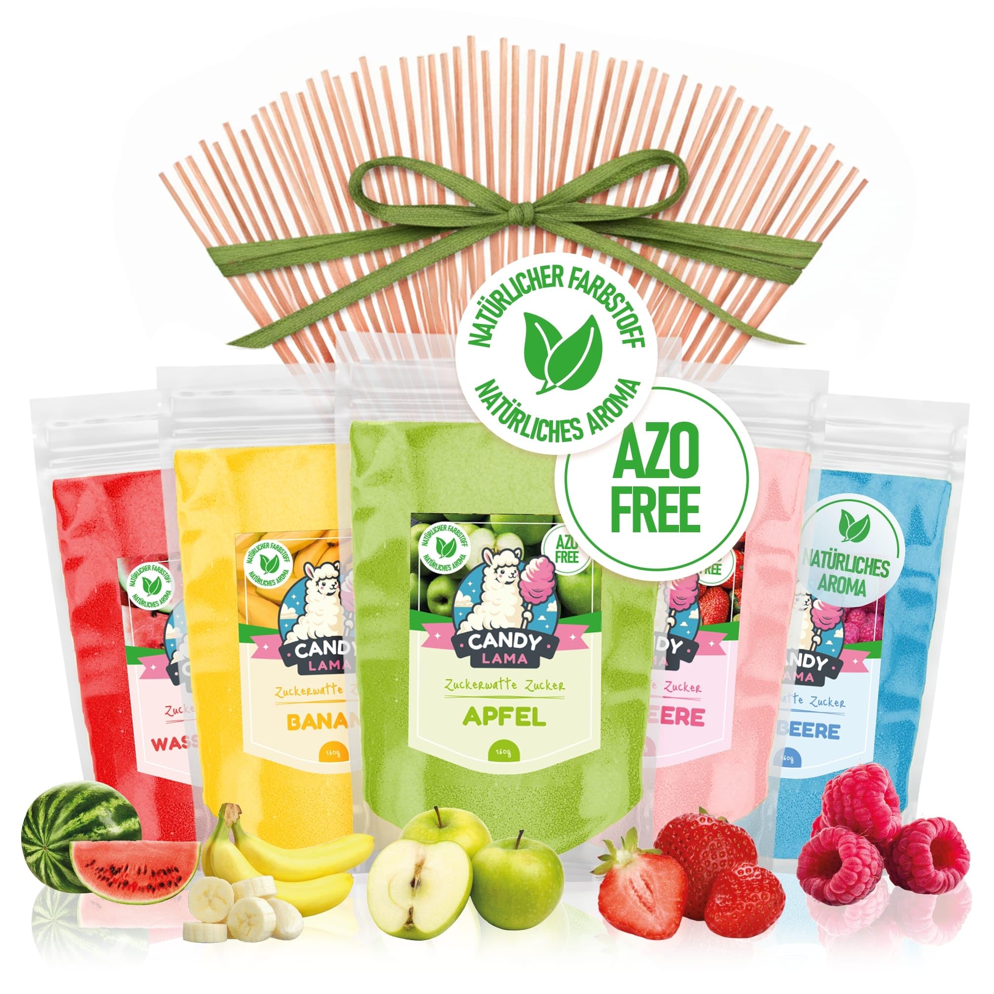 CANDY LAMA Zestaw cukrów do waty cukrowej, zestaw imprezowy 5 x 160g: Truskawka, Malina, Jabłko, Banan i Arbuz, w zestawie 20 patyczków do waty cukrowej, do maszynki